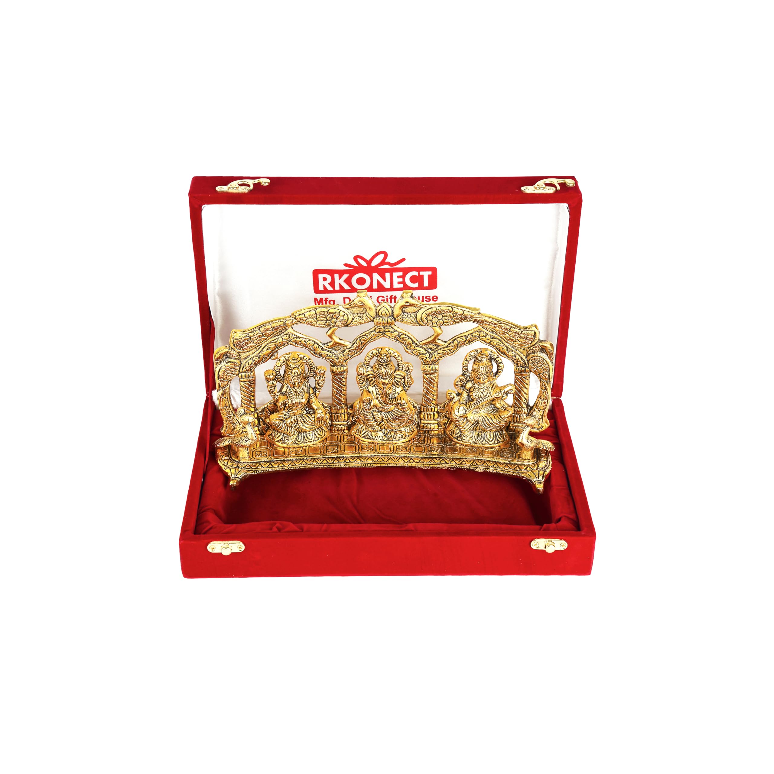 Giftcity Golden Metal Laxmi Ganesh Saraswati Under Peacock Murti Idol Tree Ganesha Idol In Velvet Gift Box || Home Decor For Puj