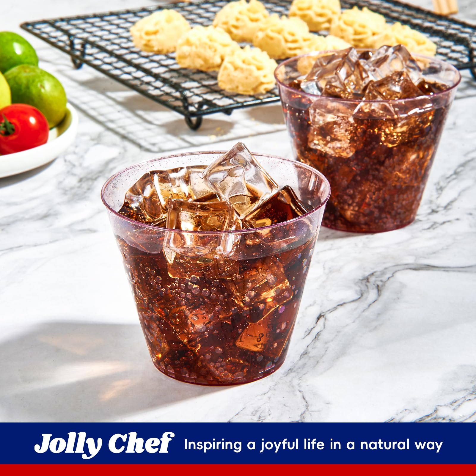 Jolly Chef 9 Oz Purple Plastic Cups, 100 Pack Party Cups Tumblers, Heavy-Duty Purple Glitter Plastic Cups Disposable Cups For We
