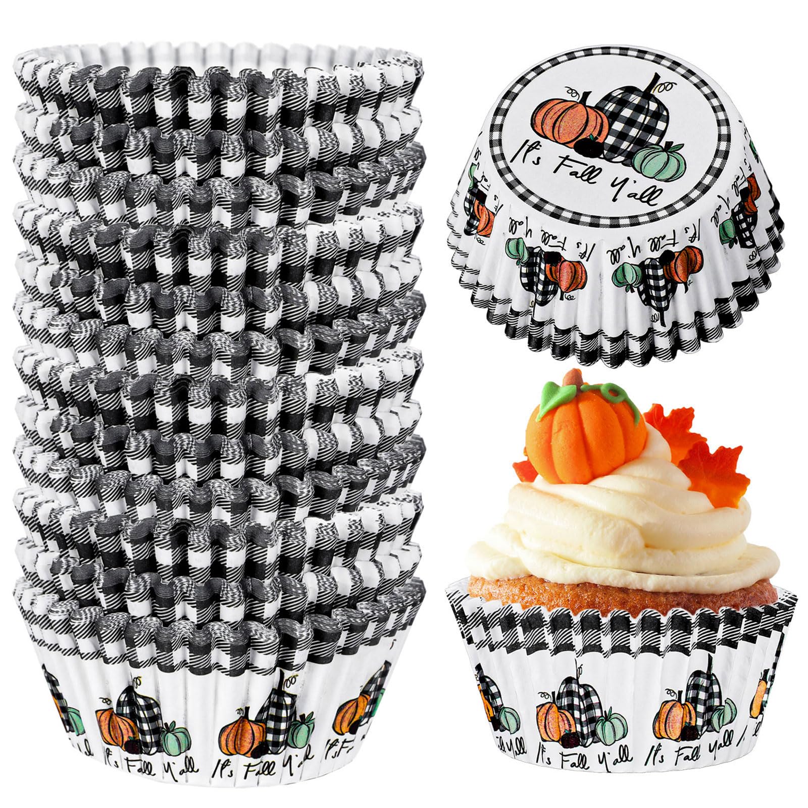Whaline 600Pcs Fall Thanksgiving Cupcake Liners It'S Fall Y'All Cupcake Wrappers Plaid Pumpkin Baking Cups Autumn Muffin Baking