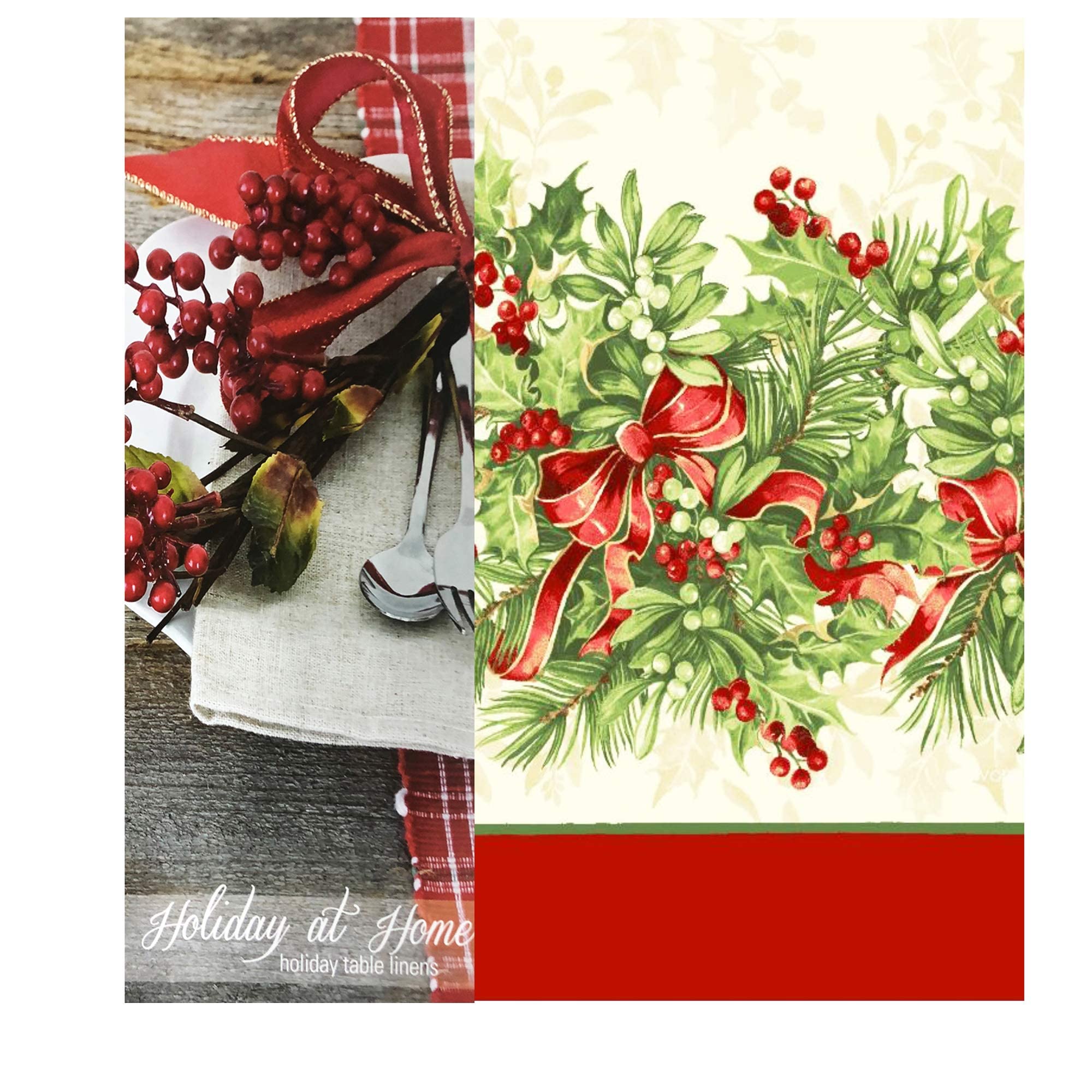 Newbridge Christmas Holly Ribbon Traditions Bordered 60 X 84 Inch Rectangle Fabric Tablecloth, Boughs Of Holly And Berry Ribbon