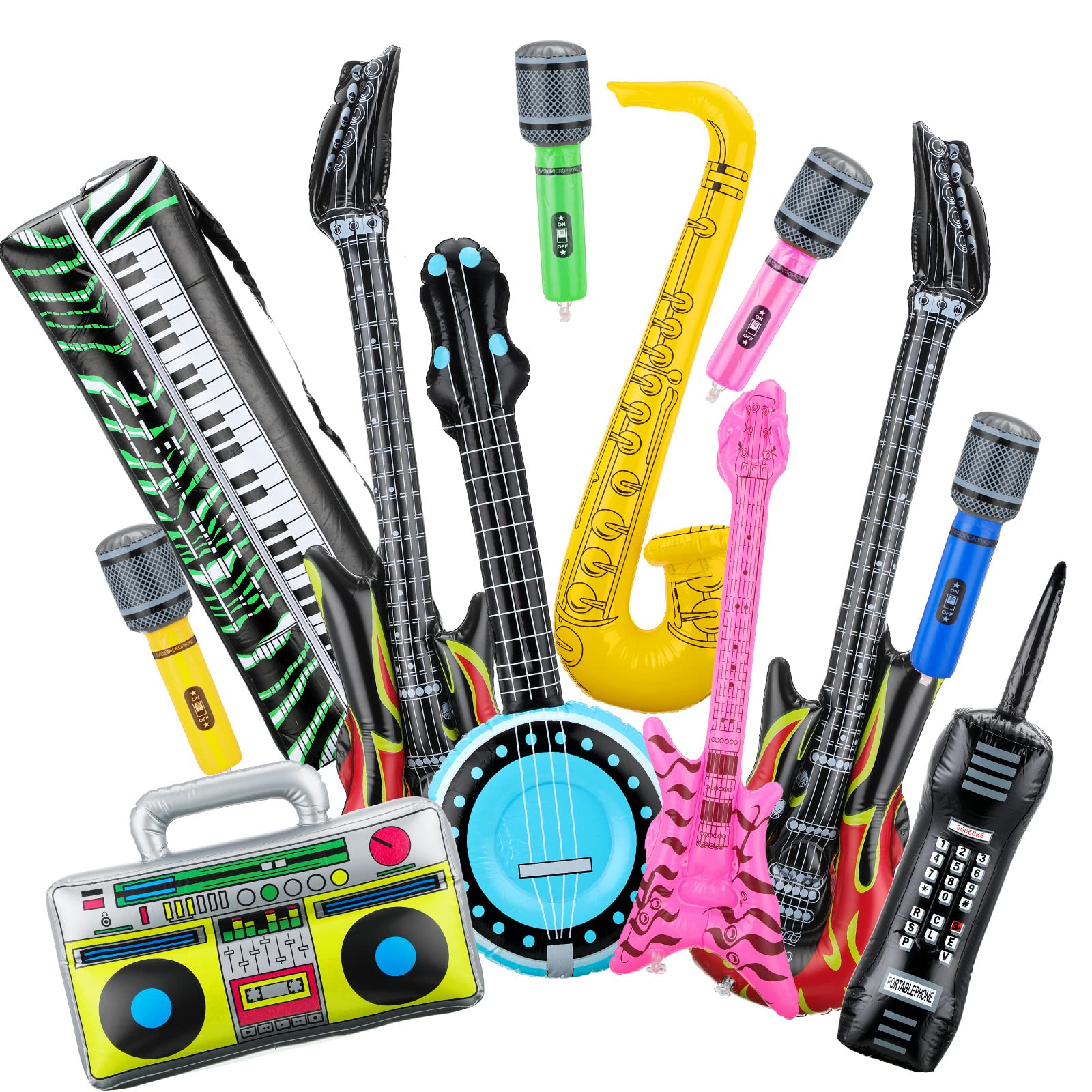 12 Pieces Inflatable Instruments Party Props Rock Star Toy Set Blow Up Guitars Inflatable Saxophone Bass Lute Microphones Mobile