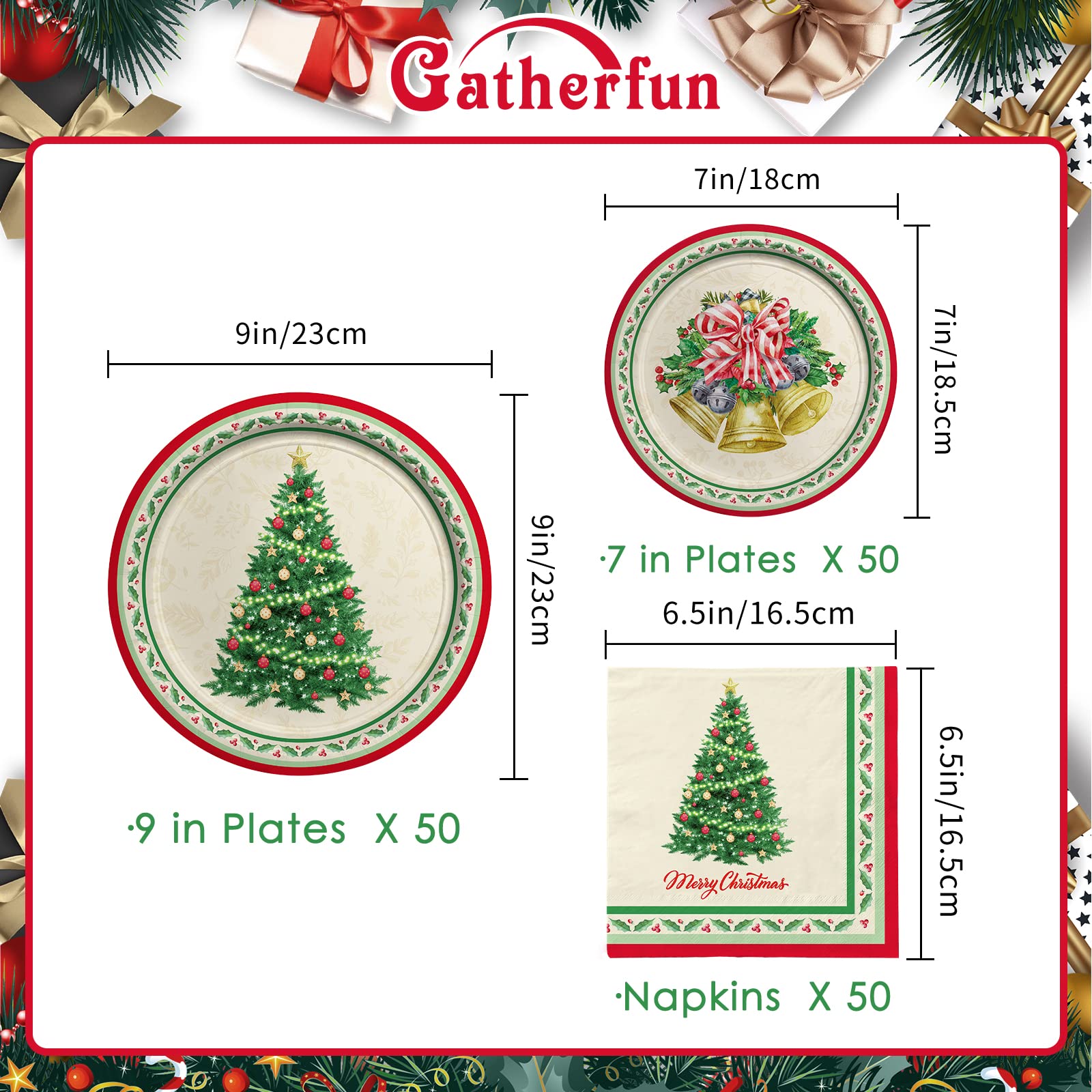 Gatherfun Christmas Party Supplies Kit, Serve 50, Christmas Tree Disposable Dinnerware Includes: Paper Dinner Plates, Dessert Pl