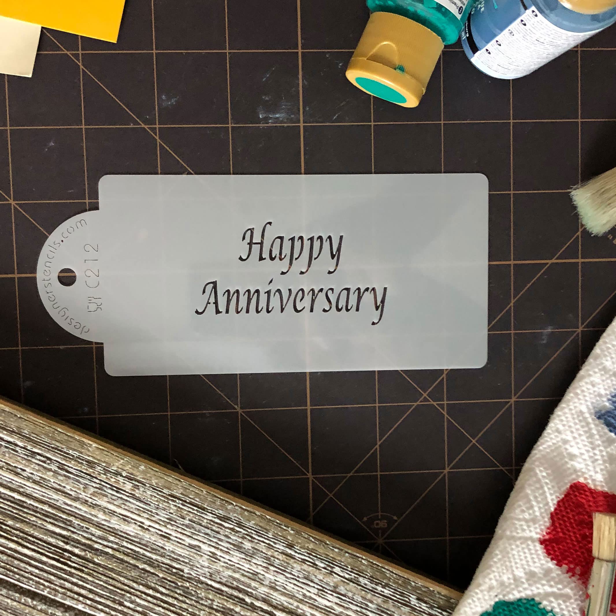Designer Stencil Happy Anniversary Business Card Cookie Stencil, Beige/Semi-Transparent