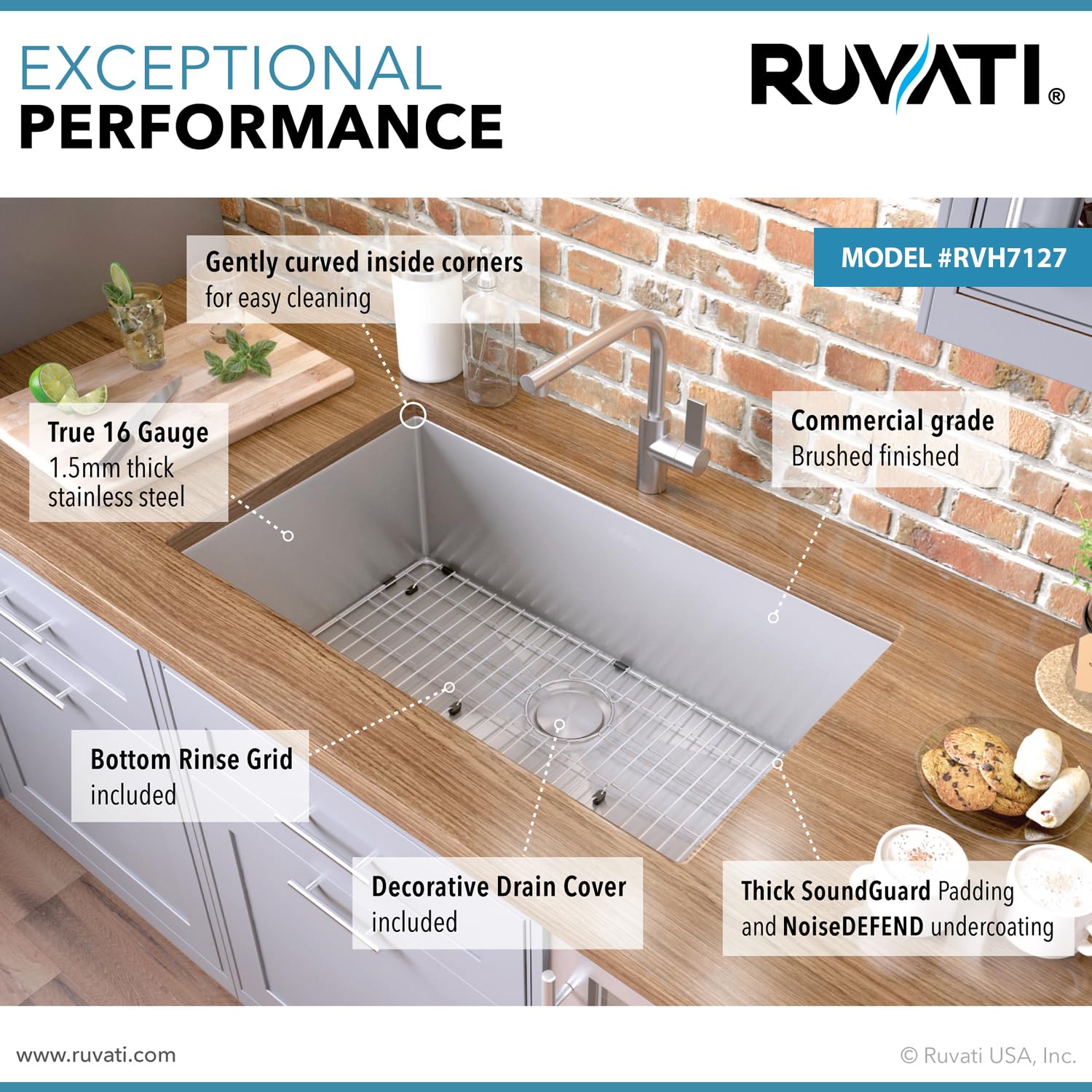 Ruvati 27-Inch Undermount 16 Gauge Rounded Corner Stainless Steel Kitchen Sink Single Bowl - Rvh7127