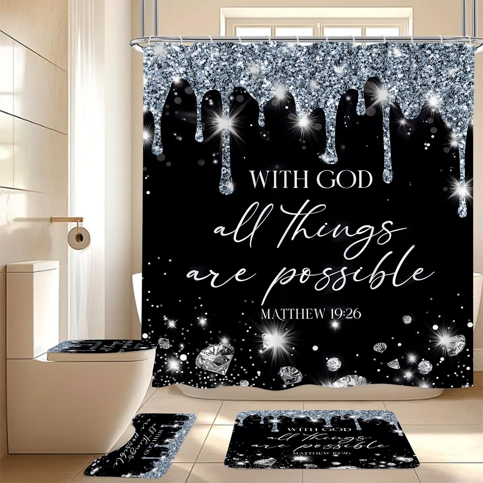 Emhome 4 Pcs God Bible Bathroom Set With Shower Curtain Set With Rugs Bathroom AssessoriesBlack