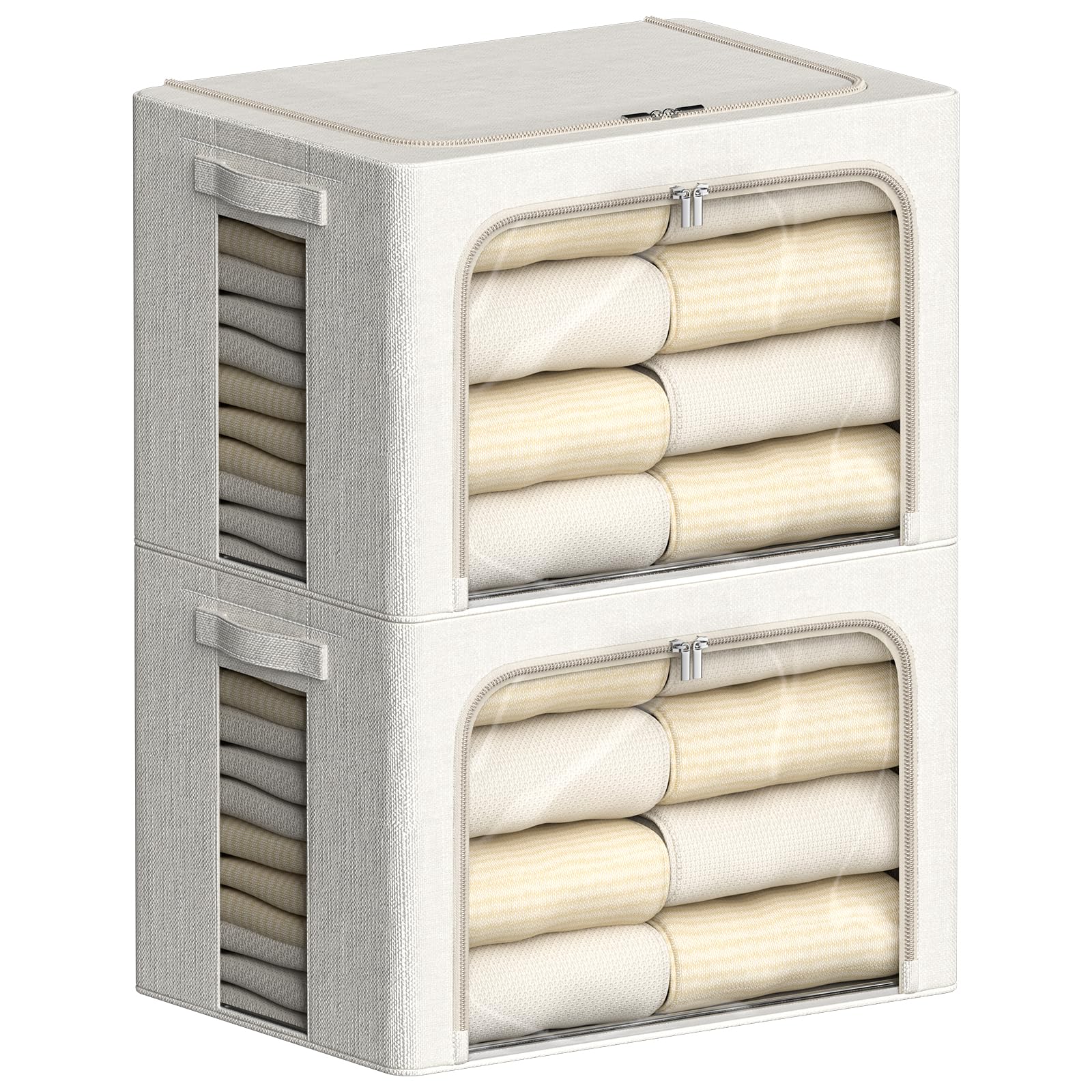 2 Pack Clear Window Storage Bins - Large Stackable Linen Fabric Storage for Clothes Foldable Container Organizer Set with Carryi