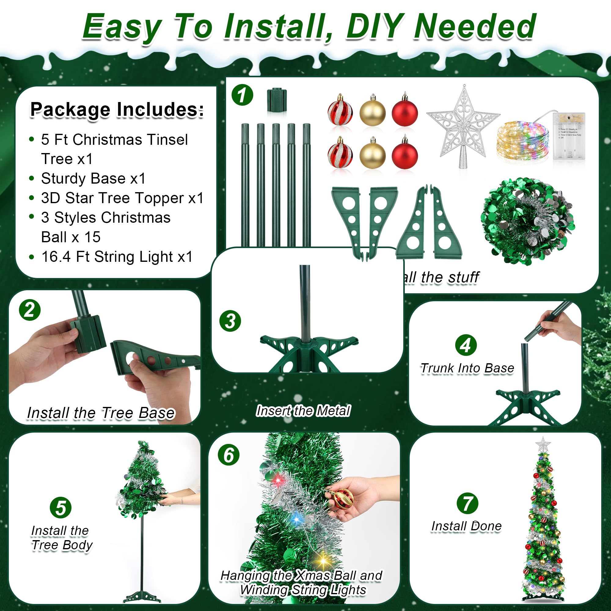 5FT Pop Up Christmas Tree with Timer 60 Warm White & Multi Color Fairy Light 3D Star 15 Ball Ornament, Green Sliver Tinsel Chris