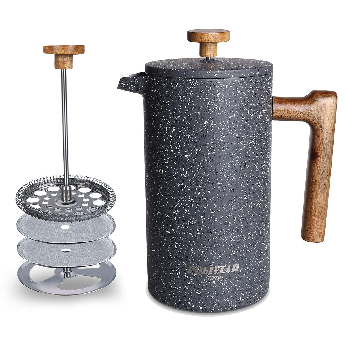 Poliviar French Press Coffee Maker, 34 Ounce Coffee Press With Real Wood Handle, Double Wall Insulation & Dual-Filter Screen, Fo