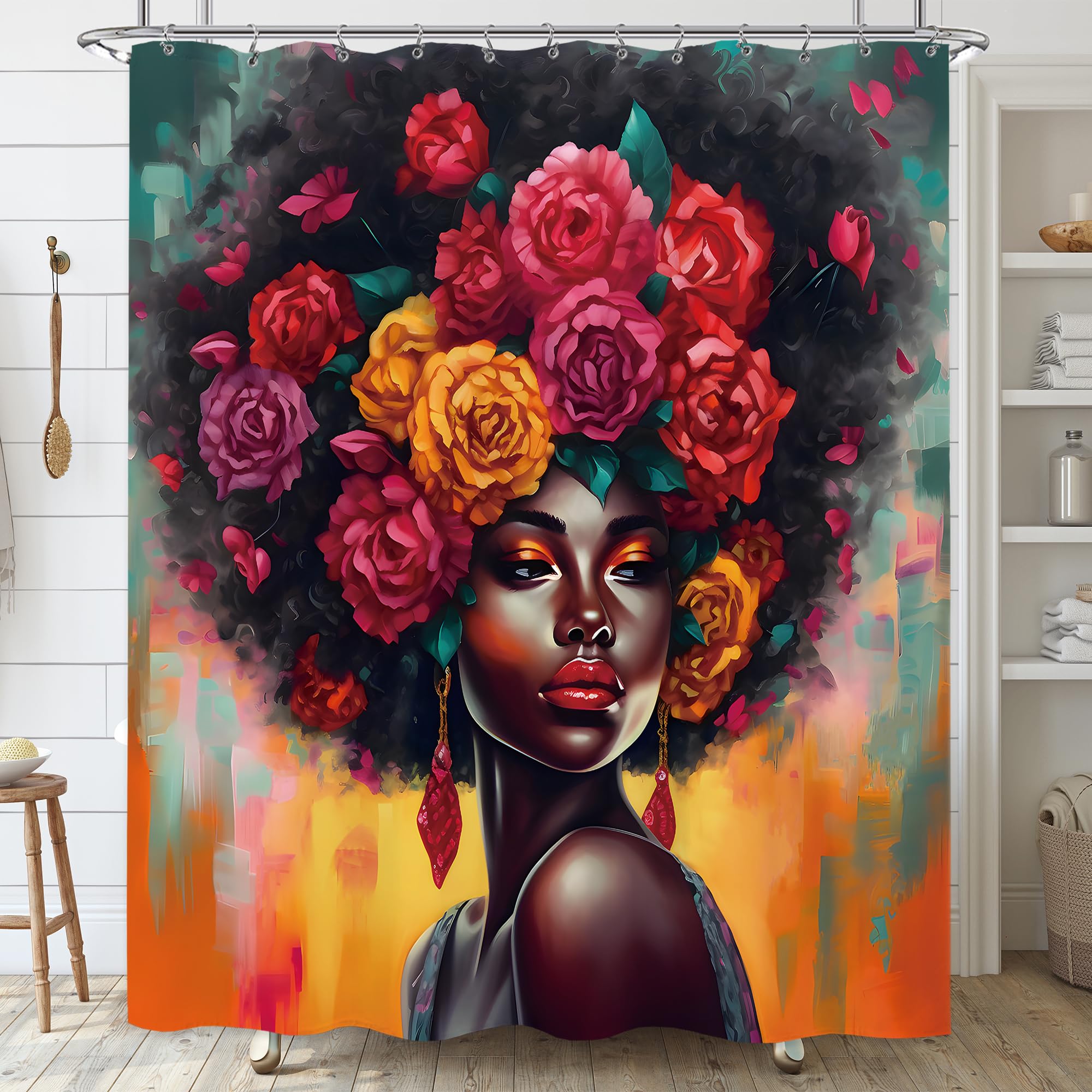 Laifzere African American Black Girl Shower Curtain Black Woman Shower Curtain For Bathroom Set Rose Afro Flower Floral Colorful