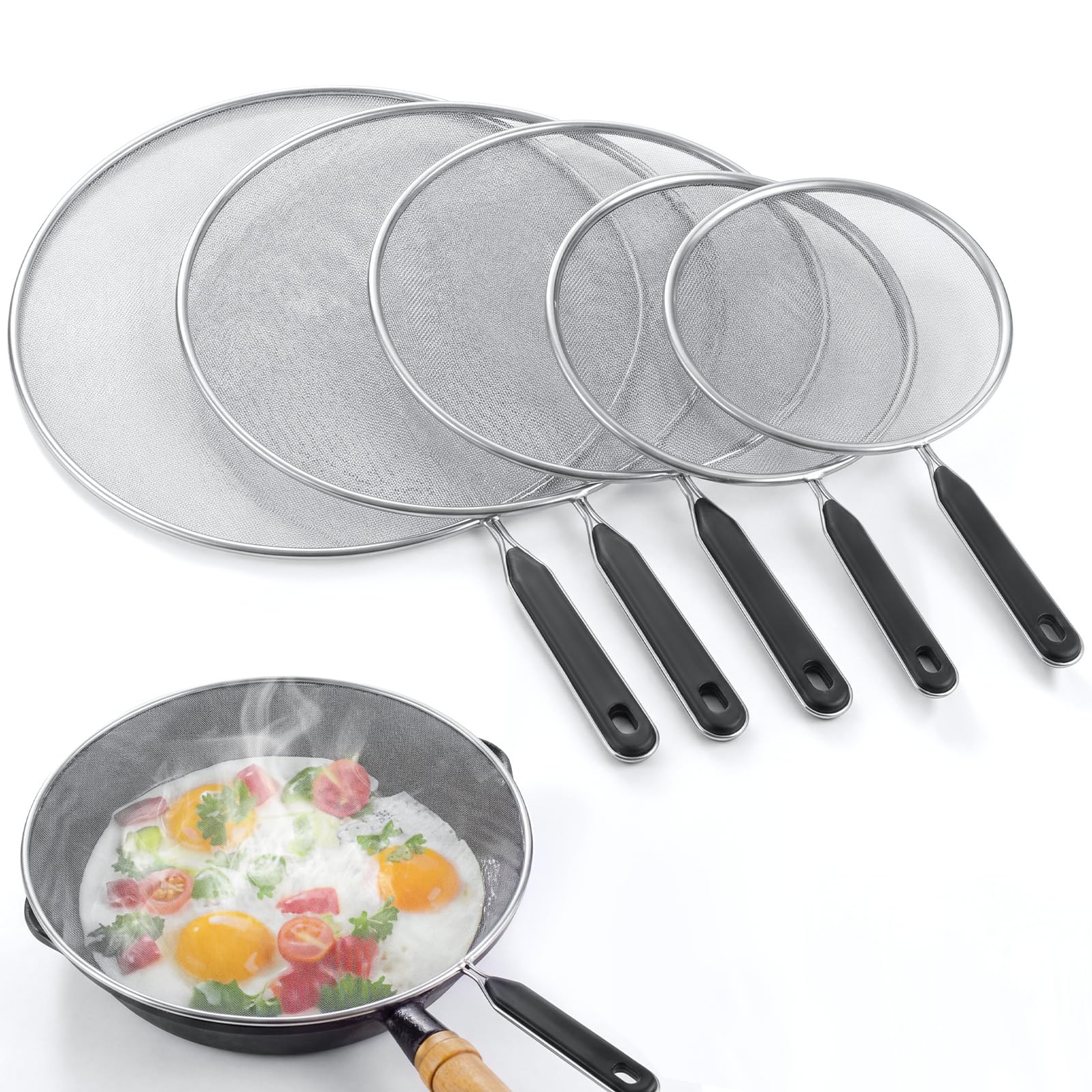 Gisafai 5 Pcs Splatter Guard Set for Frying Pan 13 11.5 10 8.3 7.5 Metal Grease Oil Splatter Screen Fine Mesh Cover St