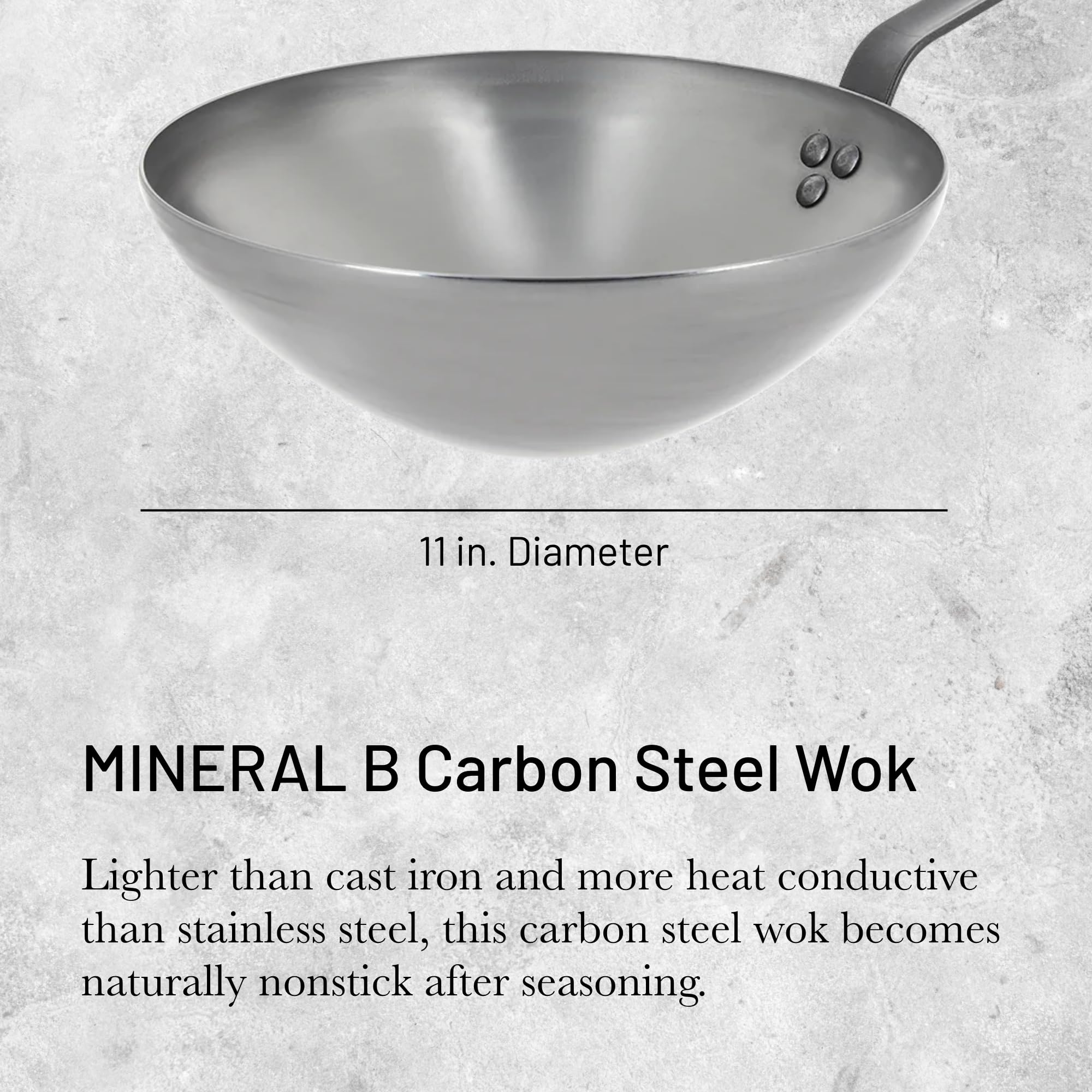 De Buyer Mineral B Carbon Steel Wok Pan - 11    - Ideal For Steaming, Stir Frying & Deep Frying - Naturally Nonstick - Made In F