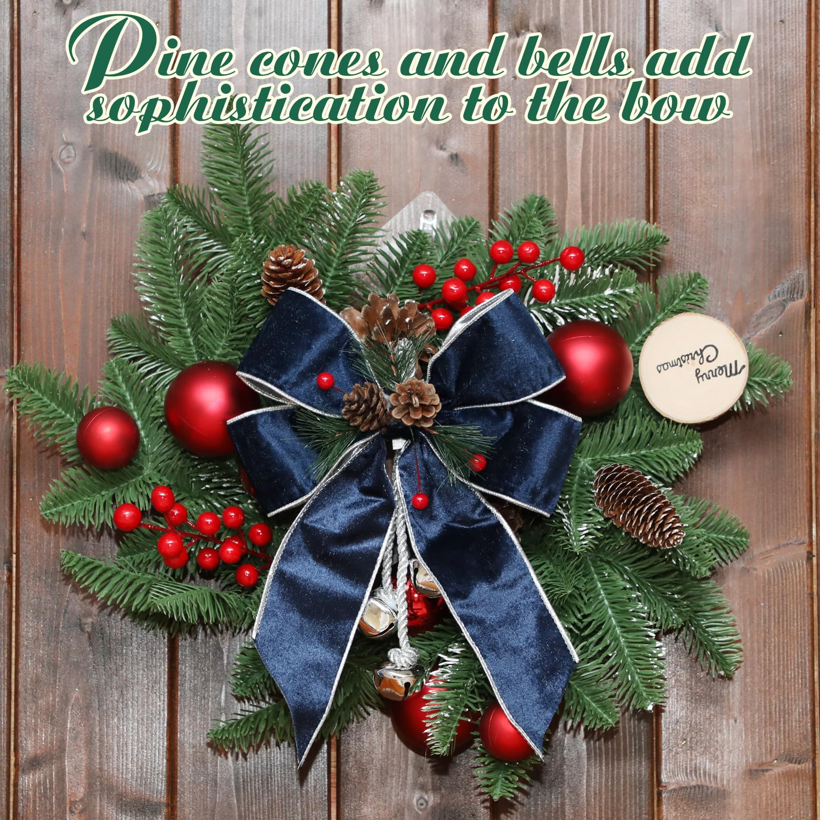 Yinkin Christmas Tree Wreath Bow Christmas Ribbon Bows with Bells 11 x 7.8 in Velvet Pine Cone Bowknot Xmas Tree Hanging Ornamen