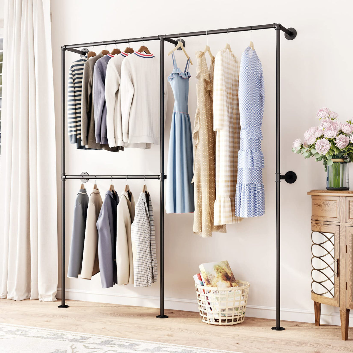Double Line Cloth Rack Dr.Iron Industrial Pipe Clothing Racks With Double Bar, Industrial Bla ...