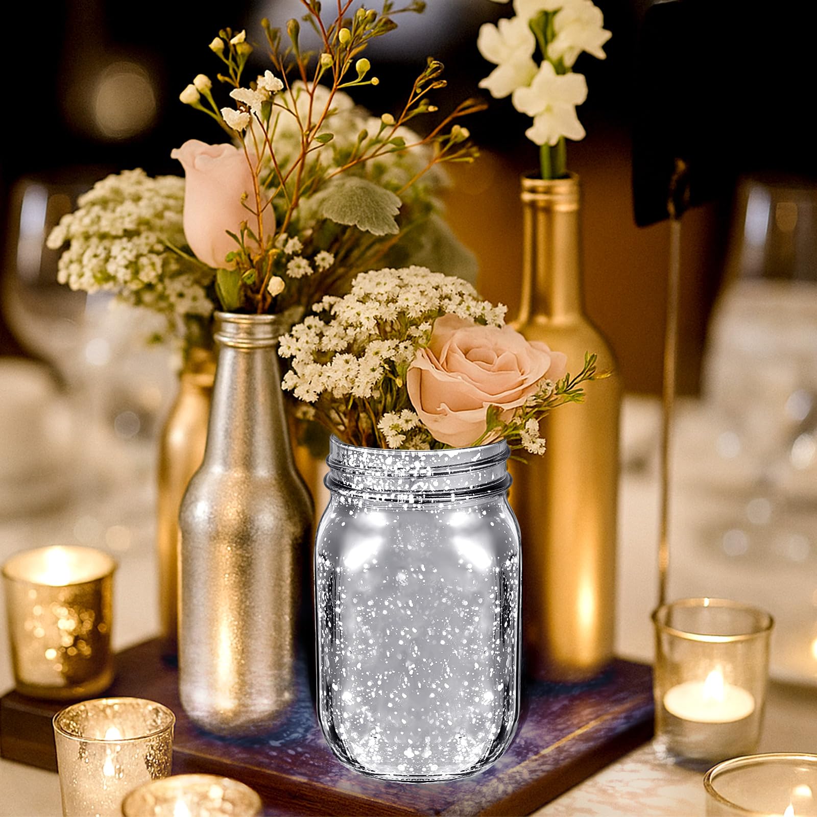 Layhit 6 Pcs Painted Mason Jars Colored Painted Mason Jars Centerpiece for Table with 6 Pcs 9.84 ft 30 LED Operated Fairy Lights