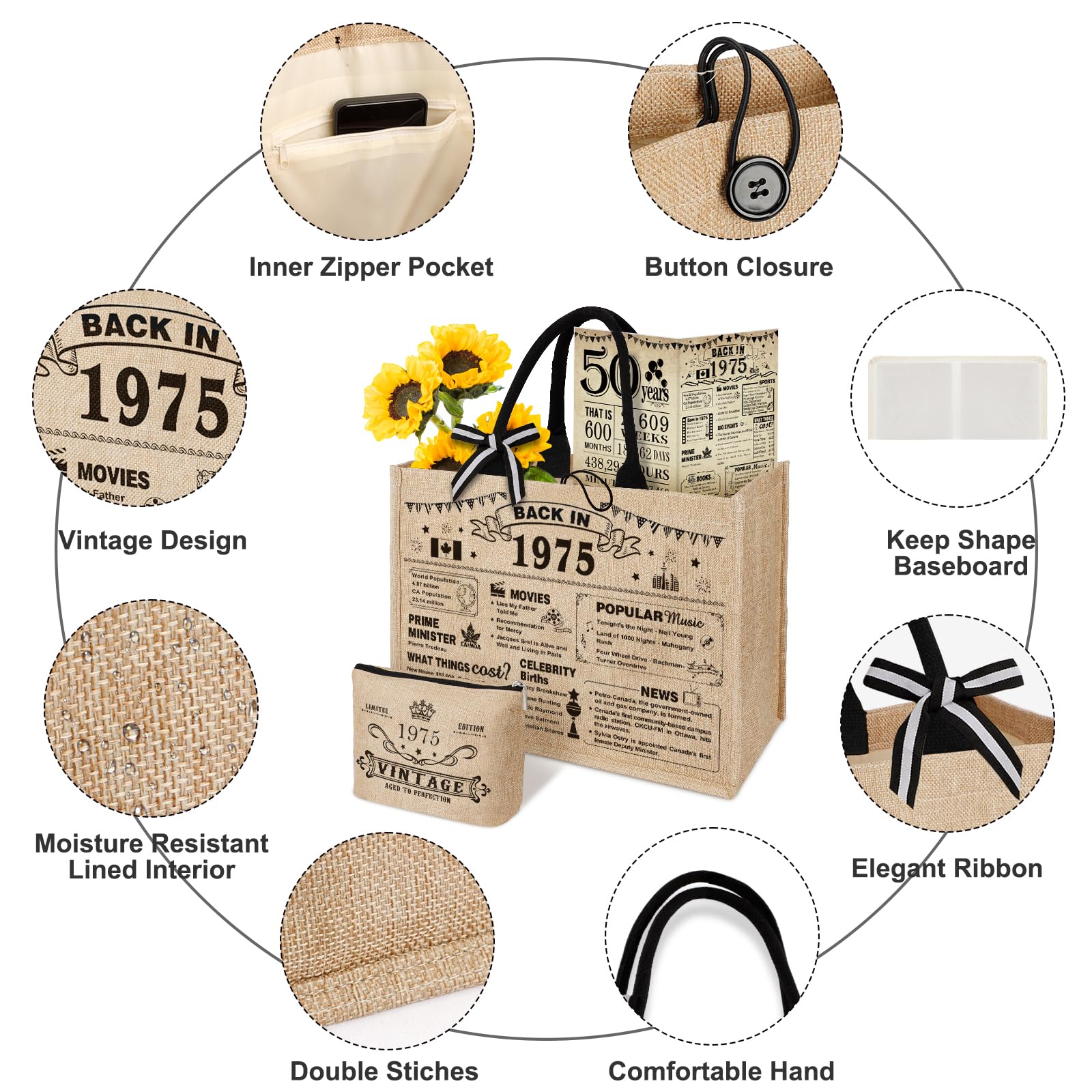 YeohJoy 50th Birthday Gifts for Women Jute Tote Bag, Vintage 1975 Burlap Bag with Cosmetic Bag and Back in 1975 Poster, Unique 5