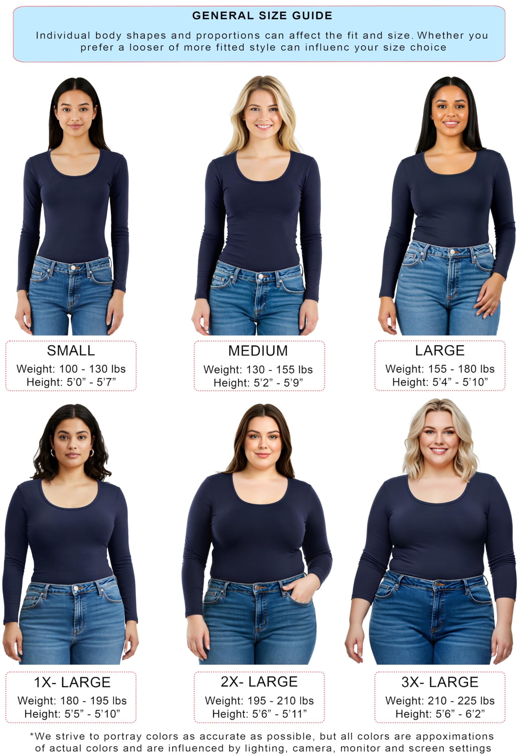 Emmalise Womens Junior And Plus Size Basic Scoop Neck Tshirt Long Sleeve Tee, Small, 3Pk White, Royal, Navy