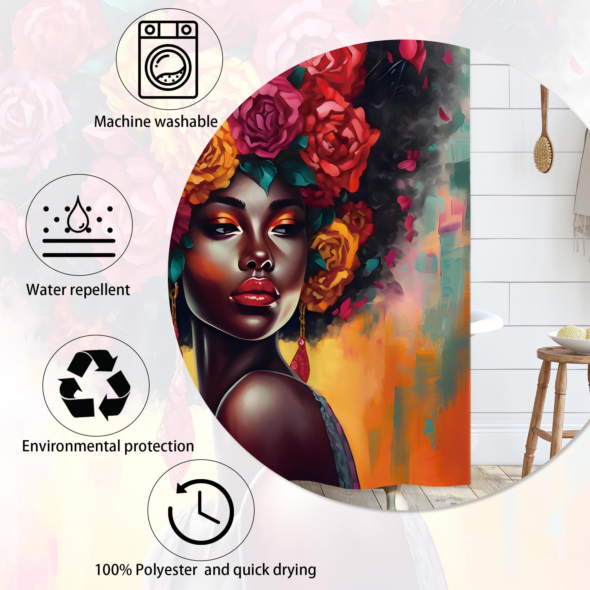 Laifzere African American Black Girl Shower Curtain Black Woman Shower Curtain For Bathroom Set Rose Afro Flower Floral Colorful