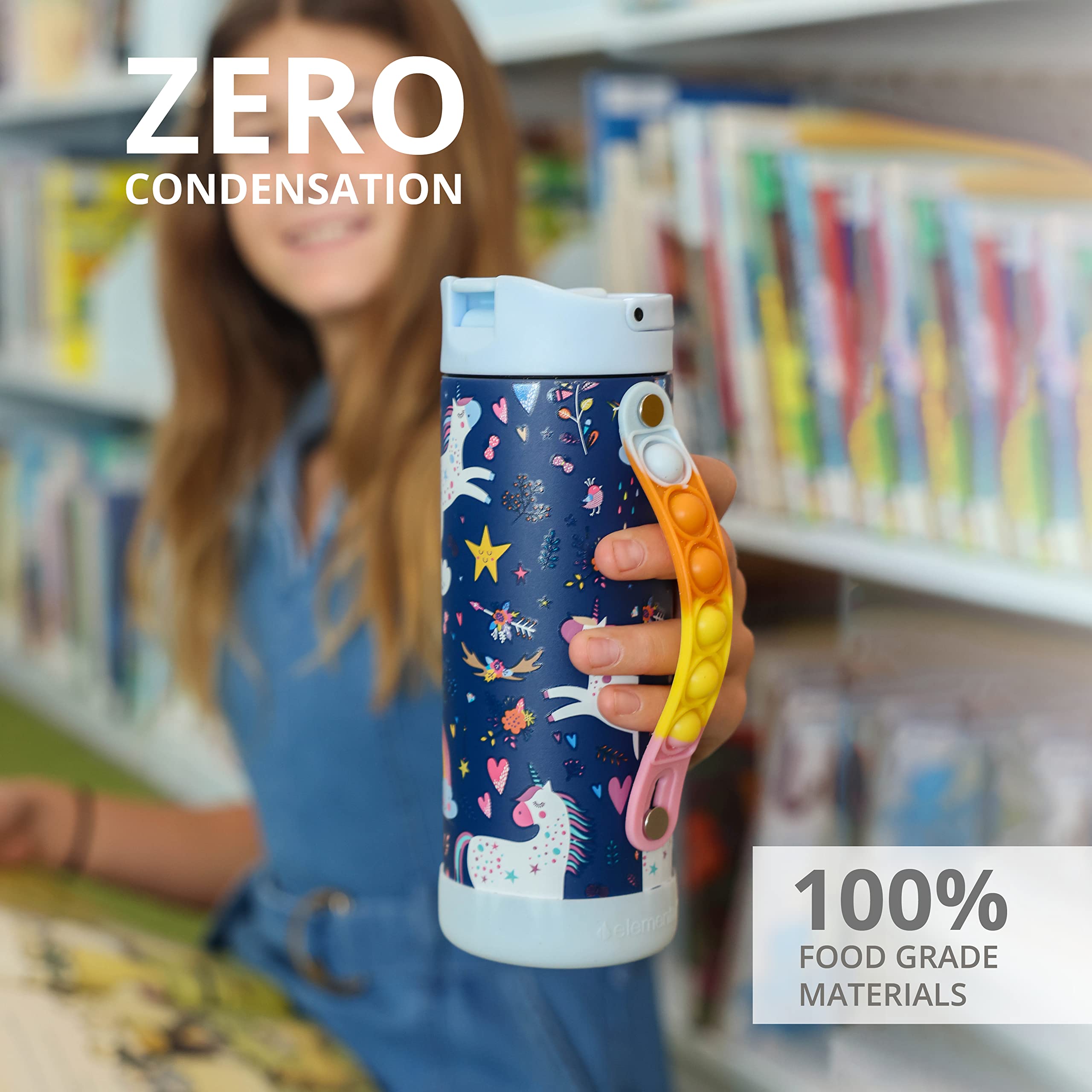 Elemental Iconic Kids Insulated Water Bottle With Straw Lid & Stress Reliever Pop-It Fidget Handle, Leak-Proof When Closed Water