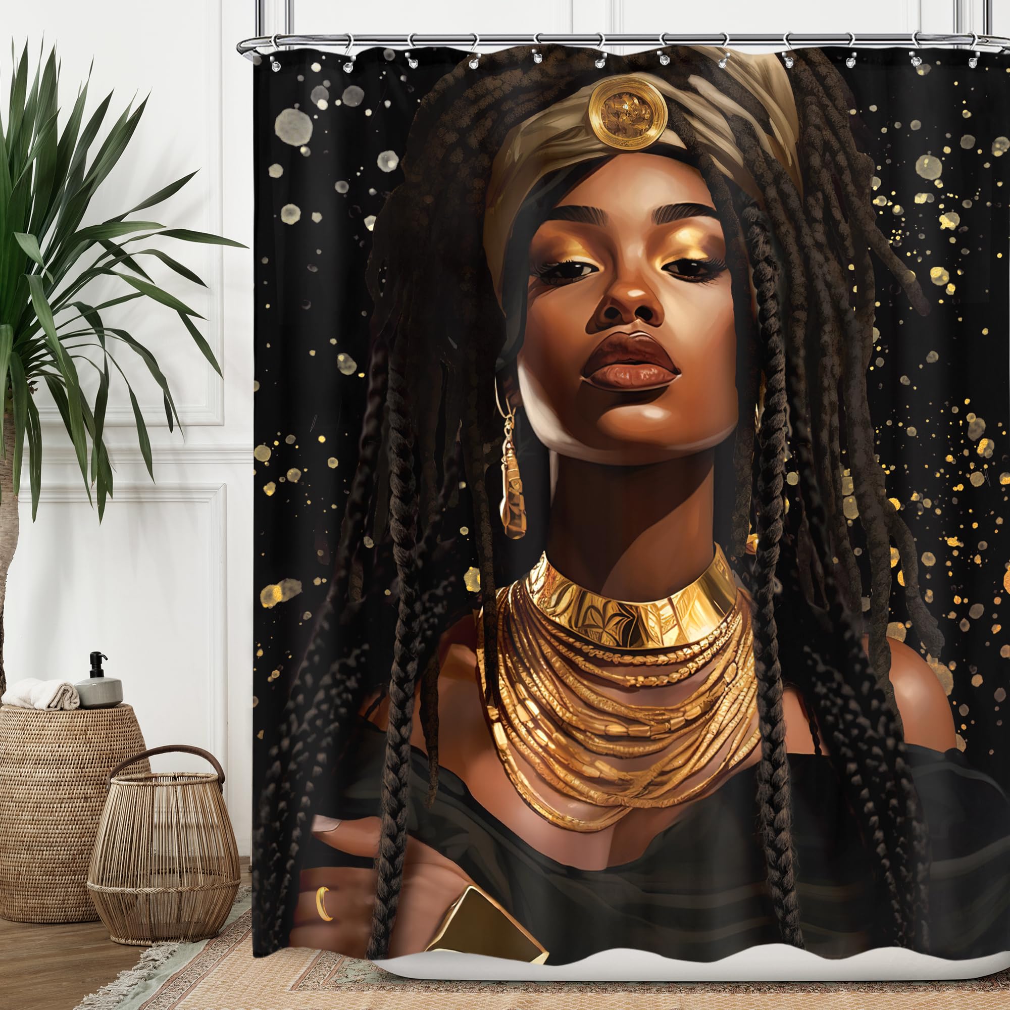Omifly Black Girl Shower Curtain 60Wx72H Inch African American Woman Afro Ethnic Golden Luxury Modern Vintage Retro Fashion Aest