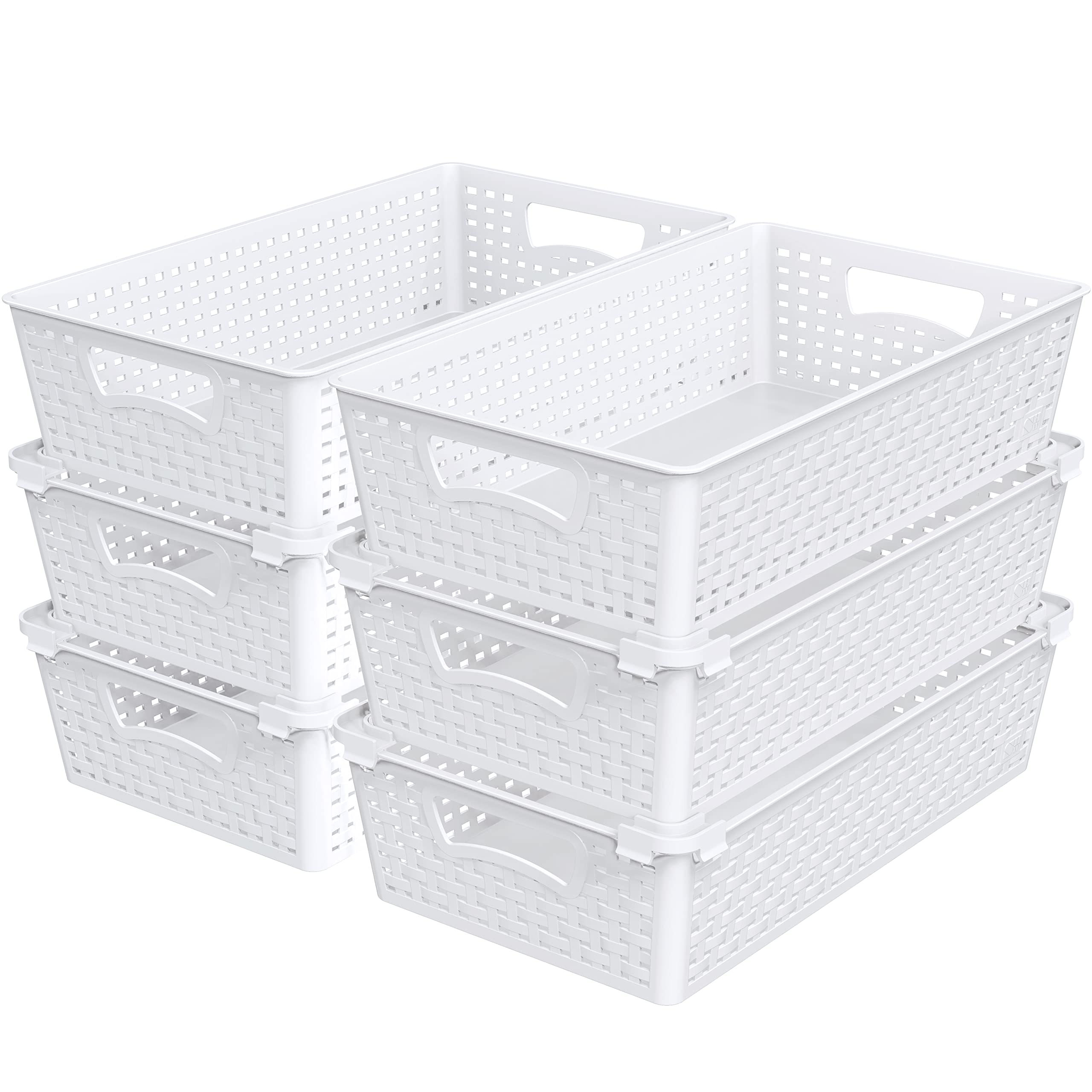 Simple Houseware Plastic Stackable Storage Basket Pantry Organizer, 6 Pack, 14.5'' X 8.5'' X 3.5'', White