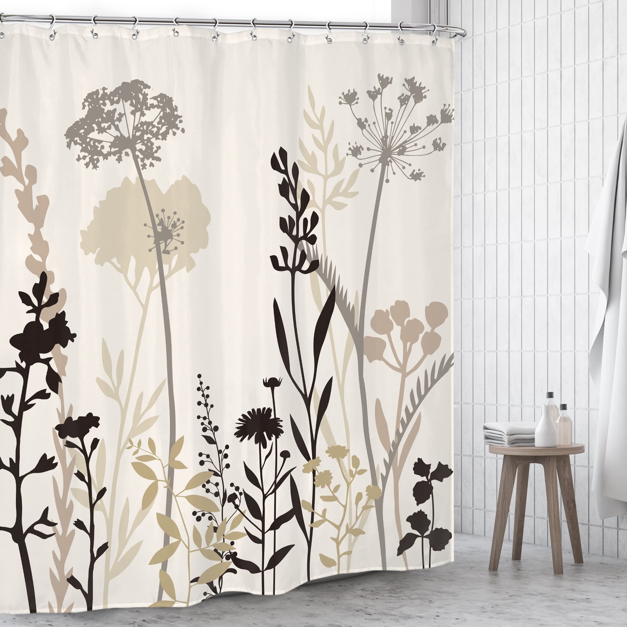 Omifly Beige Shower Curtain Cream Floral 60X72 Taupe Brown Silhouette Flower Rustic Boho Wildfloral Leaves Plants Botanical Vint