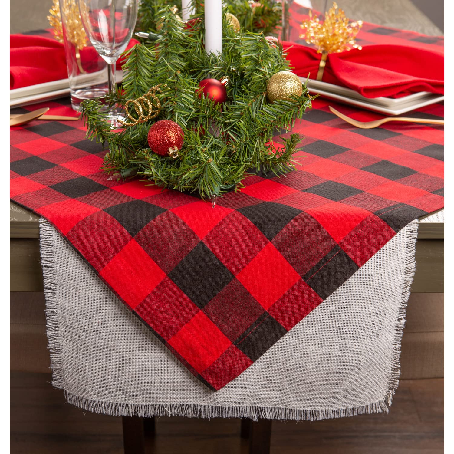 Dii Buffalo Check Collection, Classic Farmhouse Tablecloth, Table Topper, 40X40, Red & Black
