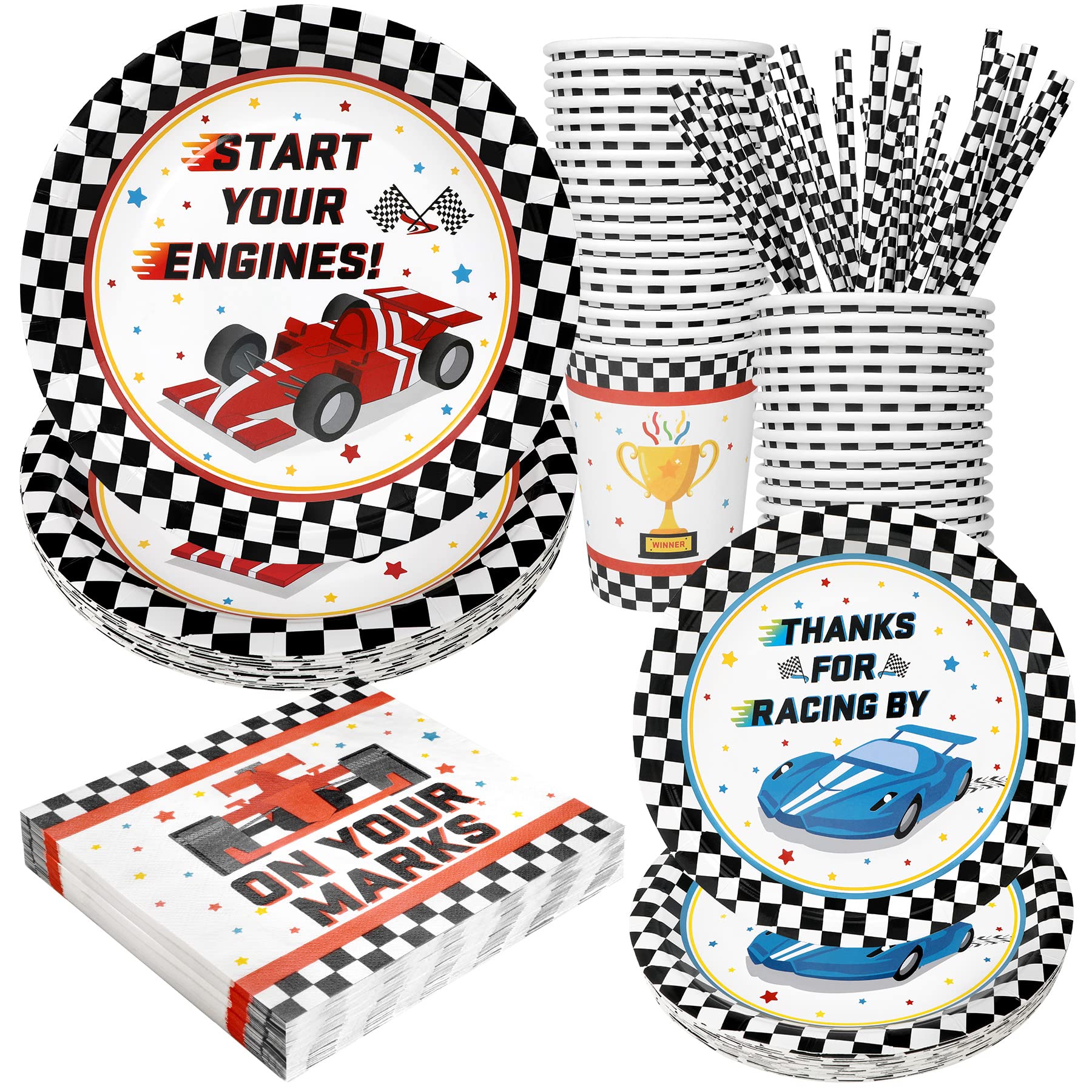 Racing Car Party Supplies Decorations, Checked Race Car Theme Birthday Paper Plates And Napkins Set With Cups And Straws For 24