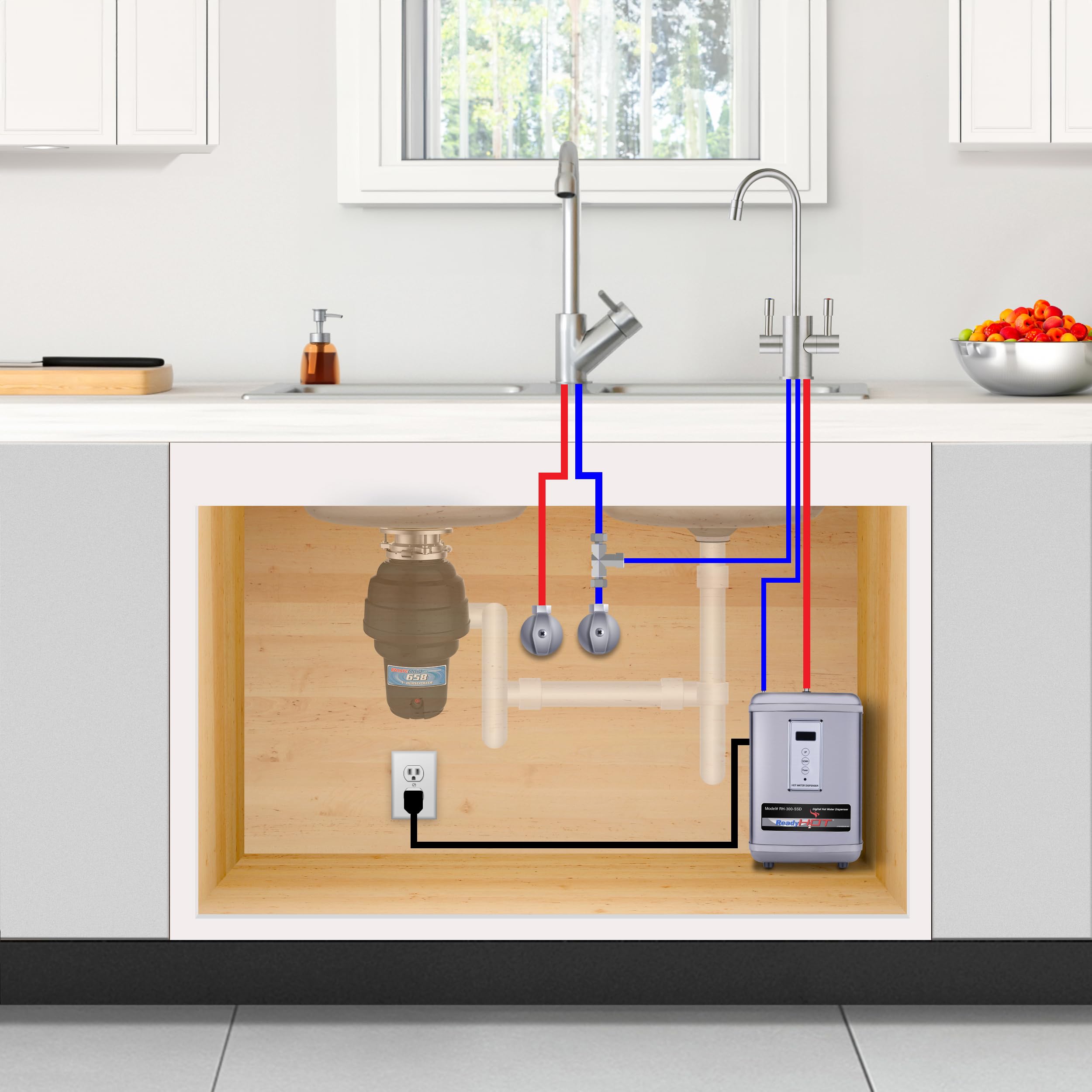 Ready Hot 41-RH-300-F560-CH Instant Hot Water Dispenser System  2.5 Quarts  Digital Display Dual Lever Hot and Cold Water Faucet Polished Chrome