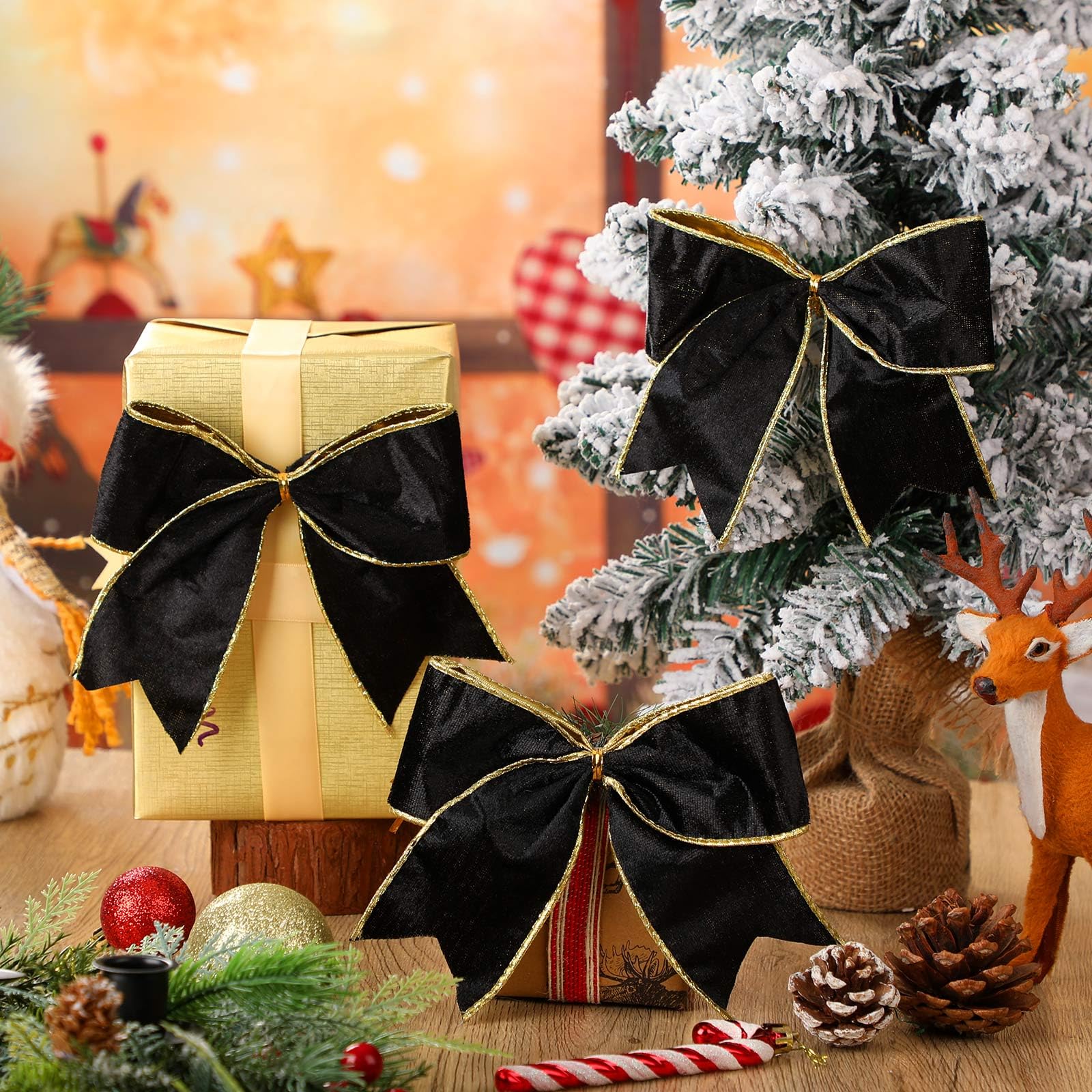 Panelee 12 Pcs Black Velvet Christmas Bows 6 x 6 in Wreath Bow Christmas Tree Decorations Ornaments for Hanukkah Xmas Tree Toppe