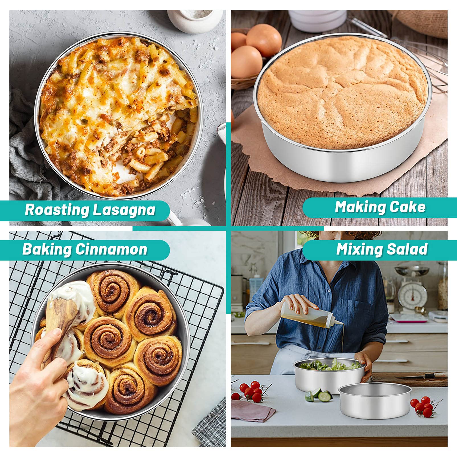 Teamfar Cake Pans, 2 Pcs Stainless Steel Round 3 Inch Deep Baking Cake Pans For Wedding Birthday Party, Non-Toxic & Heavy Duty,