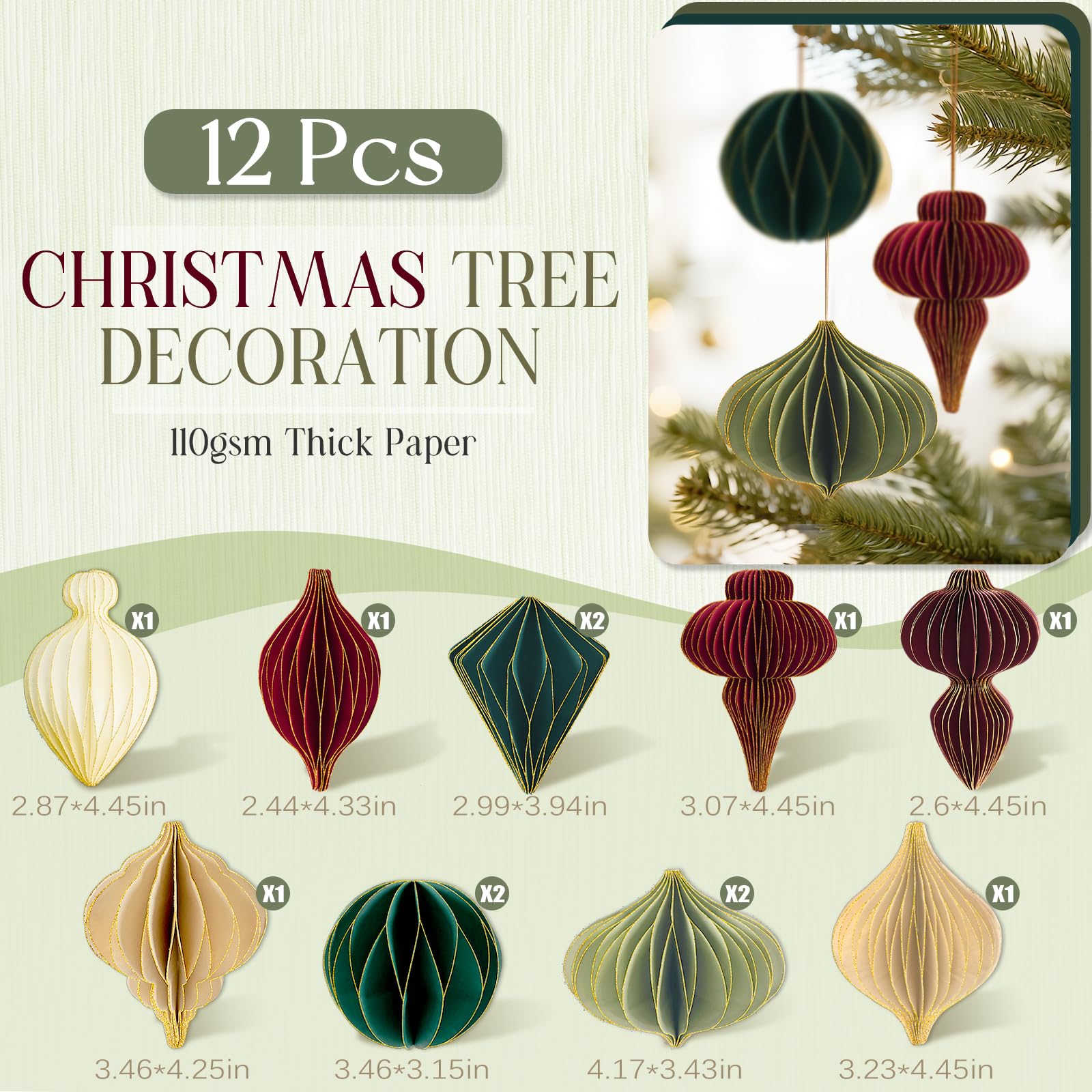 12Pcs Christmas Paper Honeycomb Ornaments for Tree, 3D Glitter Edge Paper Honeycomb Lanterns Foldable Neutral Hanging Decoration