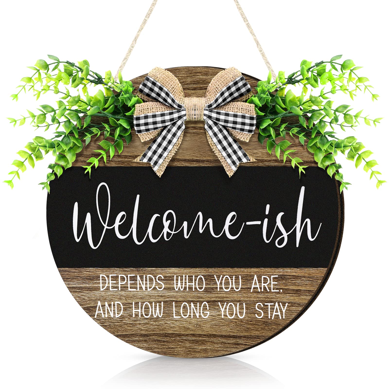 Jetec Welcome Sign for Front Door Hanging Wooden Plaque with Artificial Leaves Round Rustic Wood Farmhouse Wreath Porch for Hous