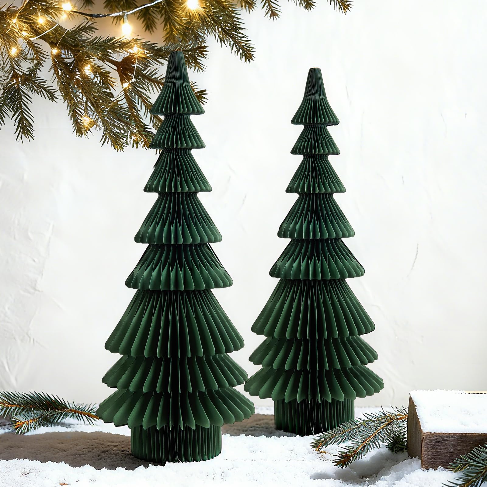 OBBOLO 20 Inch Green Paper Christmas Tree, 2 Pcs Foldable Honeycomb Tabletop Christmas Decorations with Magnetic Closure, Reusab