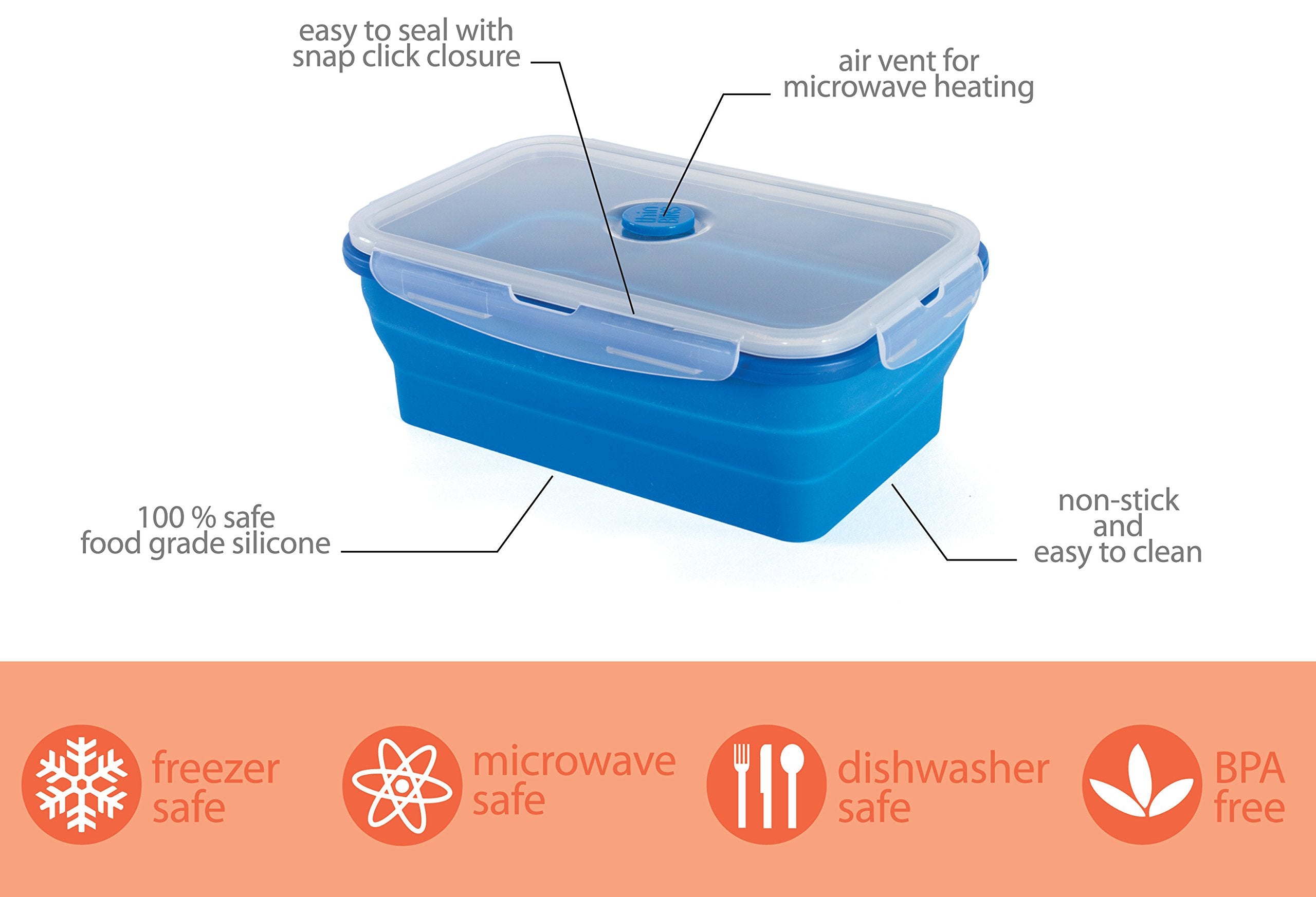 Kitchen Home Thin Bins Collapsible Containers - Set Of 4 Rectangle Silicone Food Storage Containers - Bpa Free, Microwave, Dishw