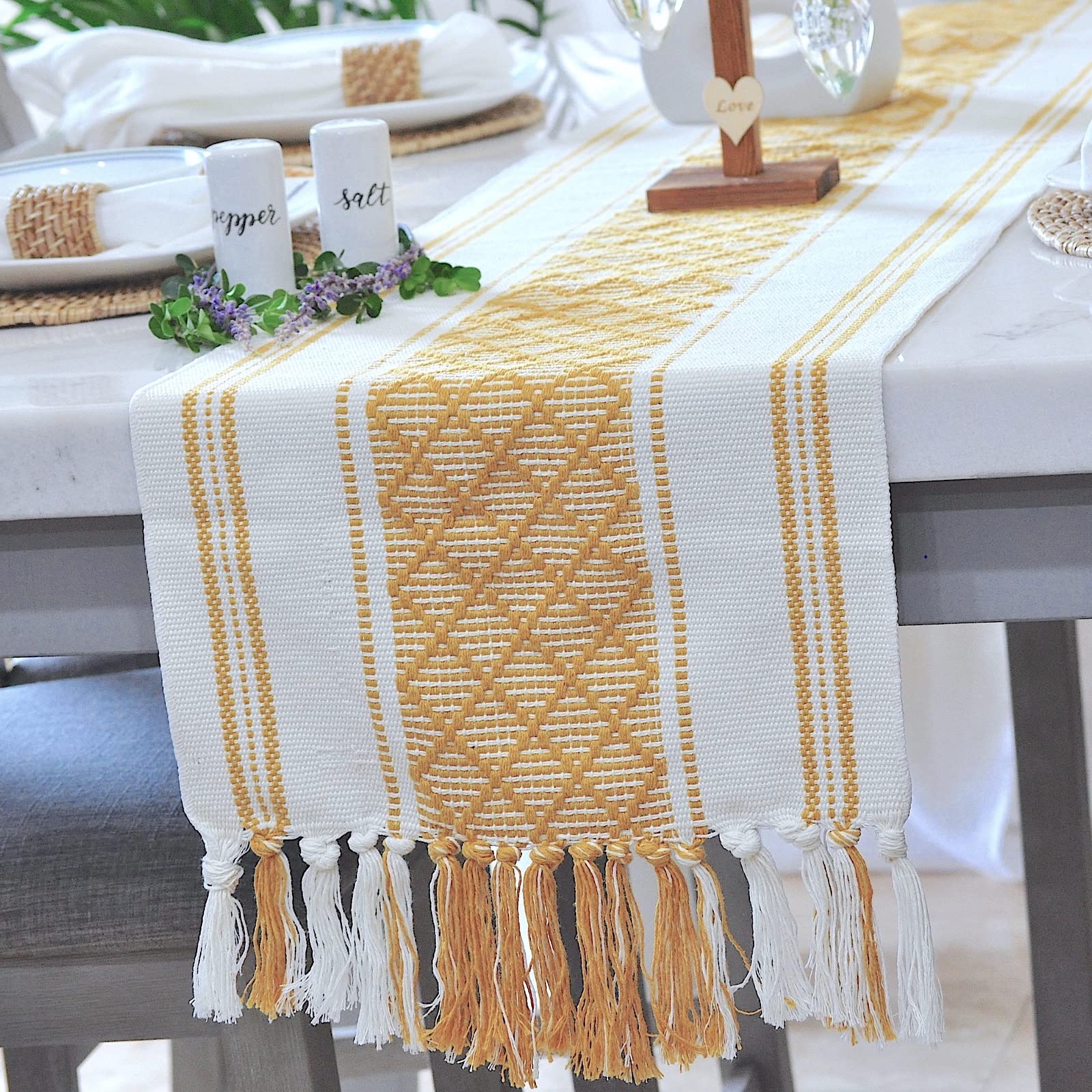 Oveesha Boho Table Runner With Tassels 14 X 72 Inches, Mustard Yellow & Cream | Woven Washable Dresser Scarf And Topper For Bedr