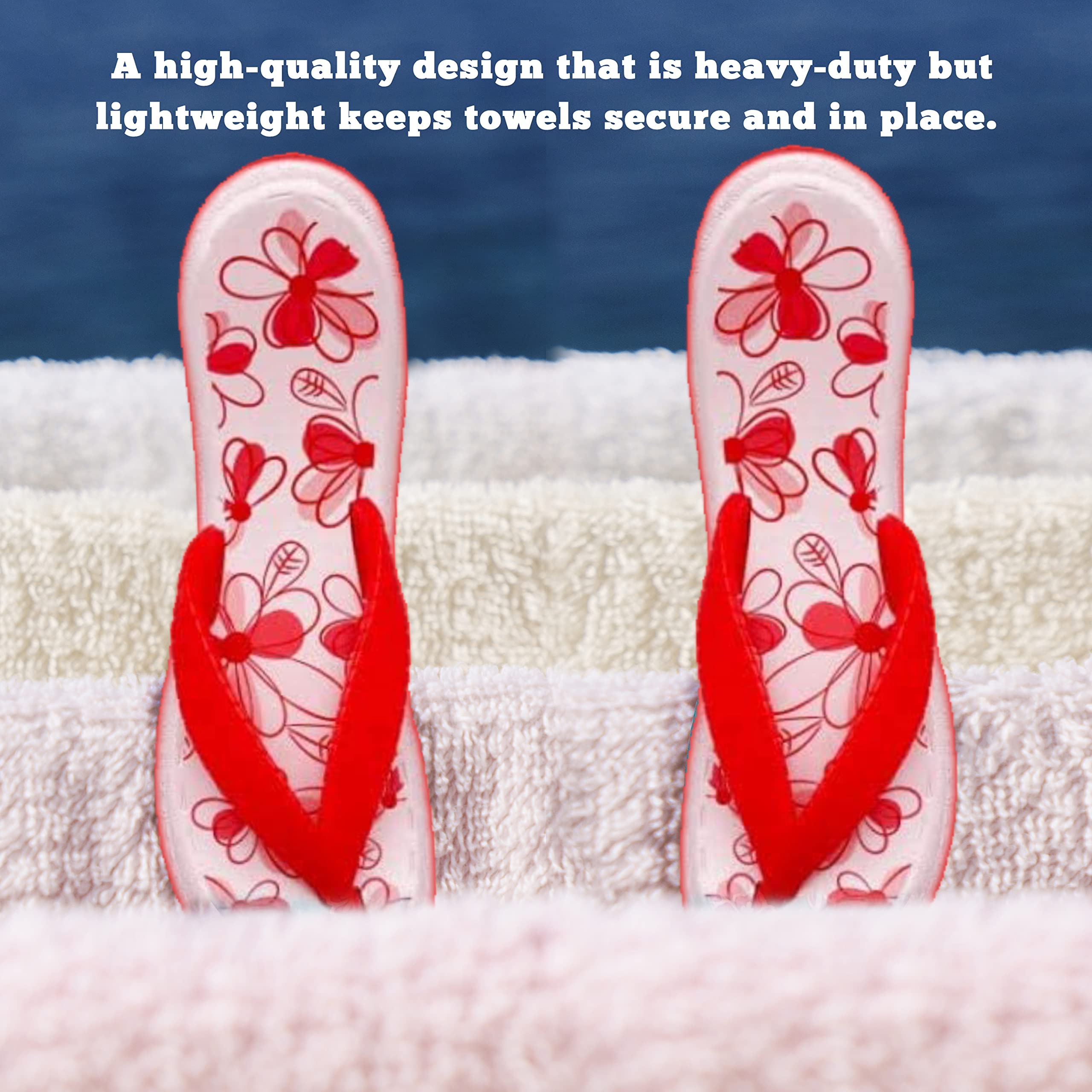 PERFORMORE Flip Flop Beach Towel Clips (Red)  Set of 2  Portable Towel Holder Clips  Secure Clips for Beach Chairs Deck Patio Pool Boat Cruise Lounge Chair Accessories