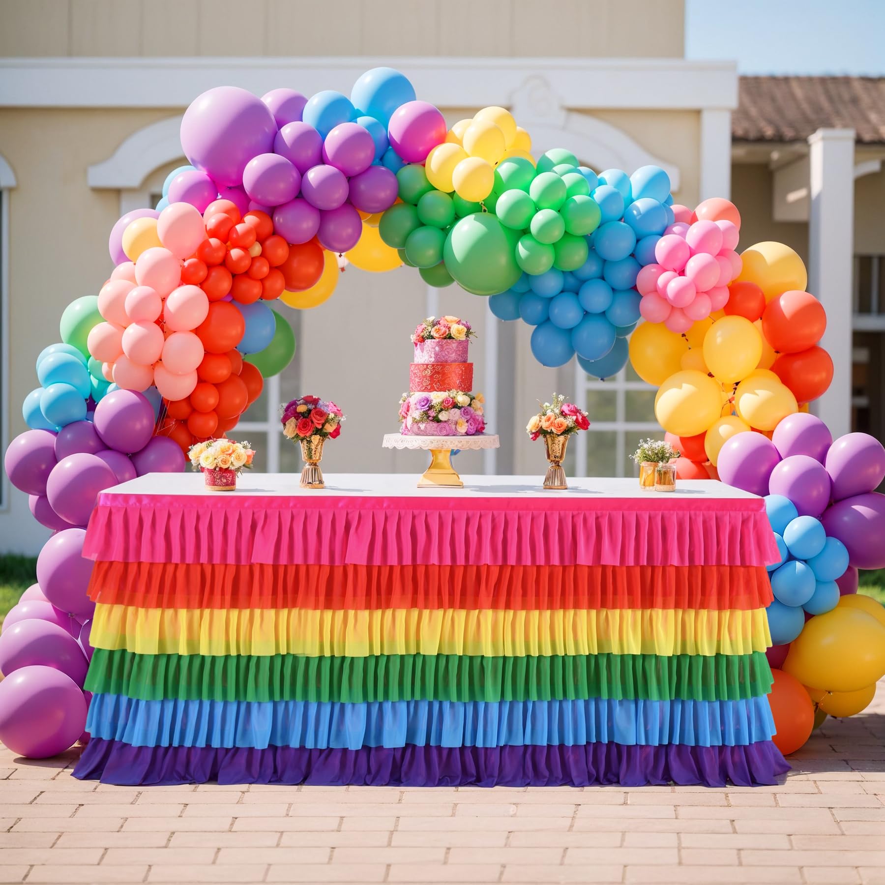 Besutolife Rainbow Tablecloth Ruffle Tutu Table Skirt For Rectangle Table 6Ft Birthday Uincorn Rainbow Party Decoration