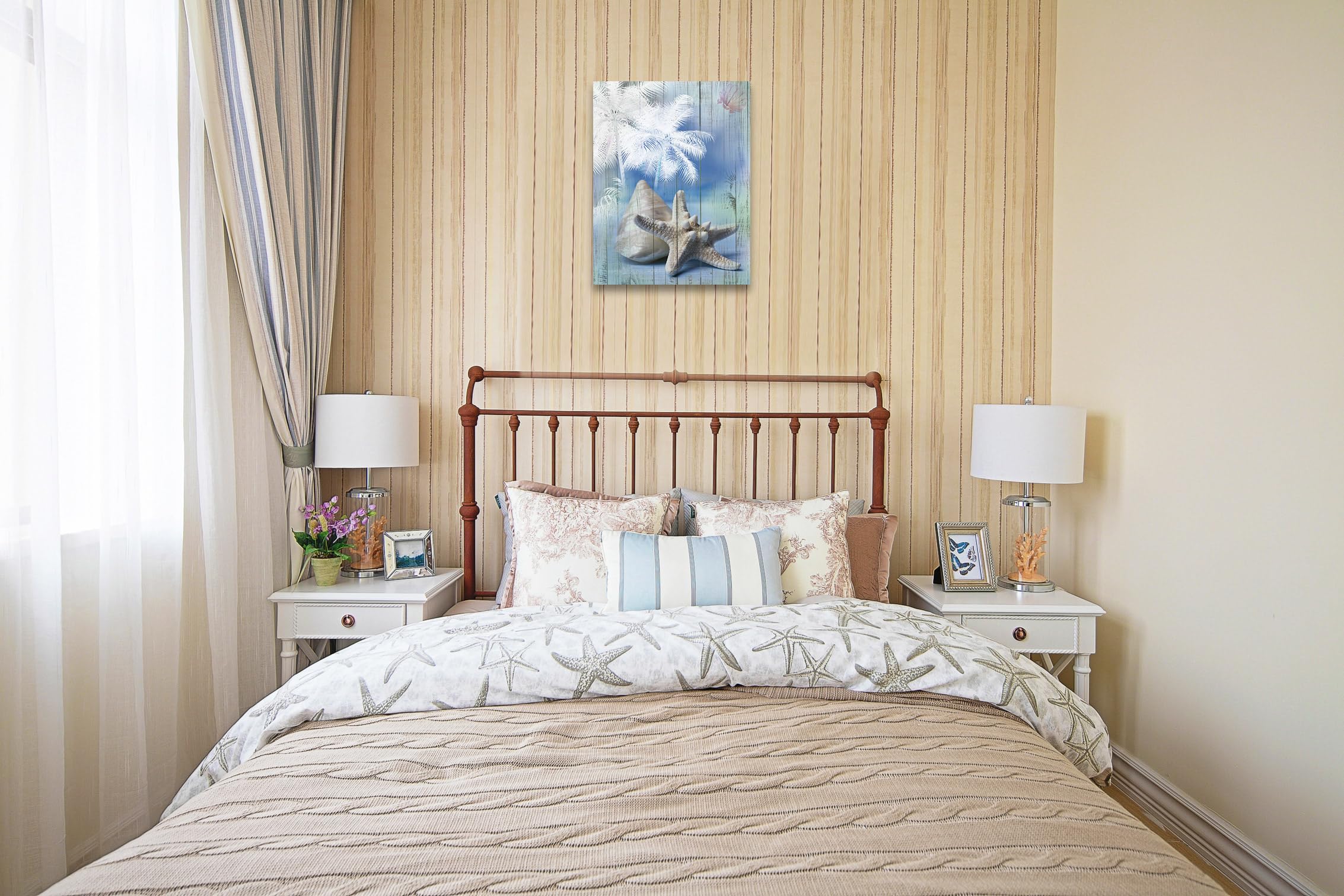 Acocifi Bathroom Blue Ocean Picture Palm Tree Coastal Conch Seashell Painting Starfish Canvas Wall Art Modern Artwork Framed For