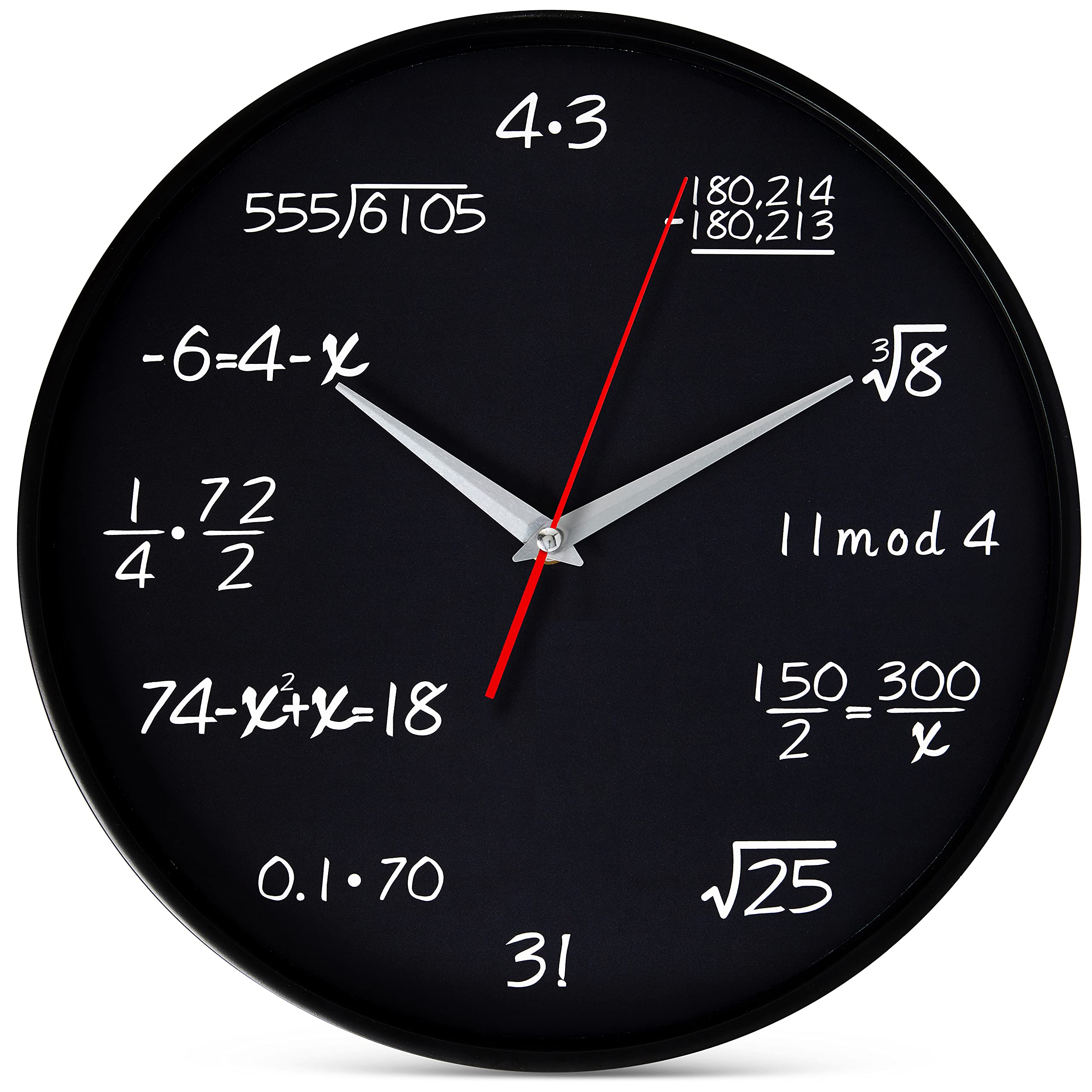 Bernhard Products Math Wall Clock Black 12 Inch Silent Non-Ticking Unique Gift for Teacher/Student/Engineer Graduate Quartz Roun