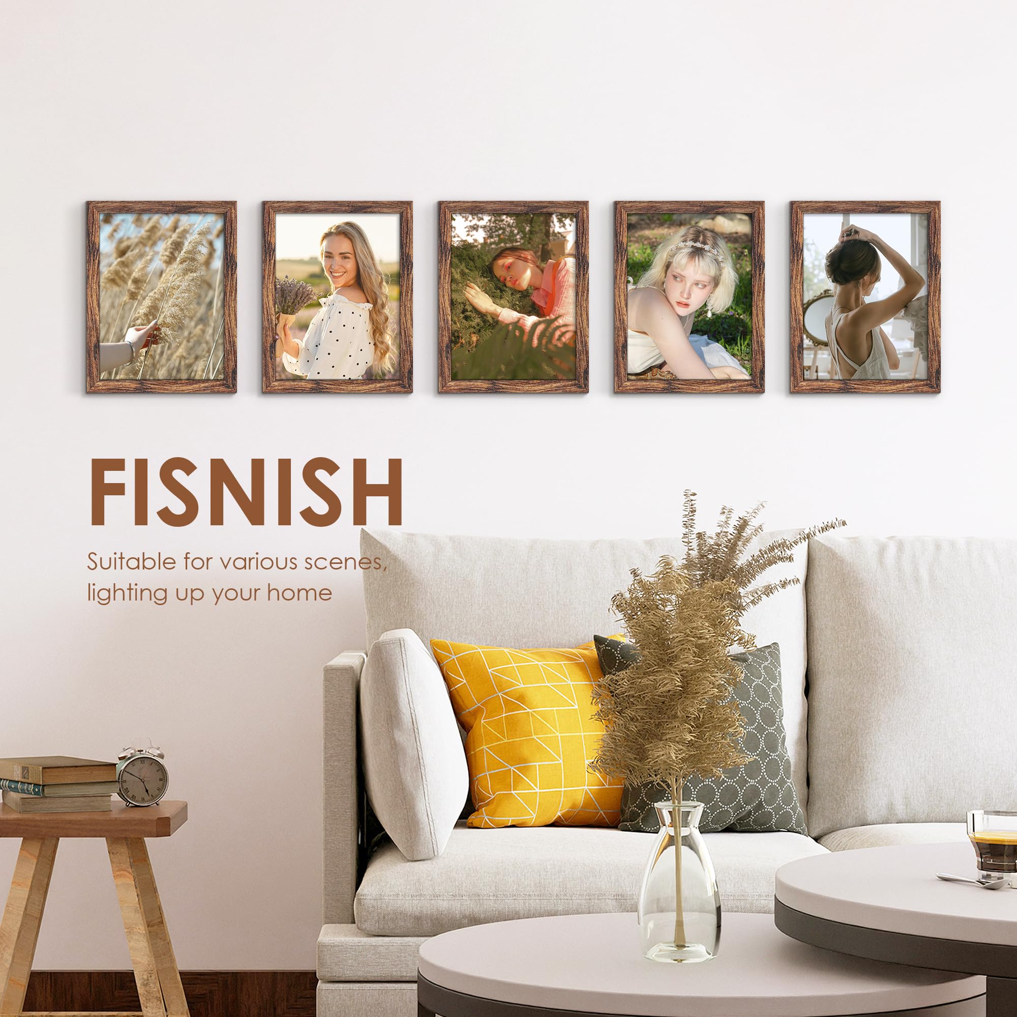 Fisnish 6x8 Picture Frame 5 Pack, Classic Brown Photo Frame for Hanging or Tabletop Display