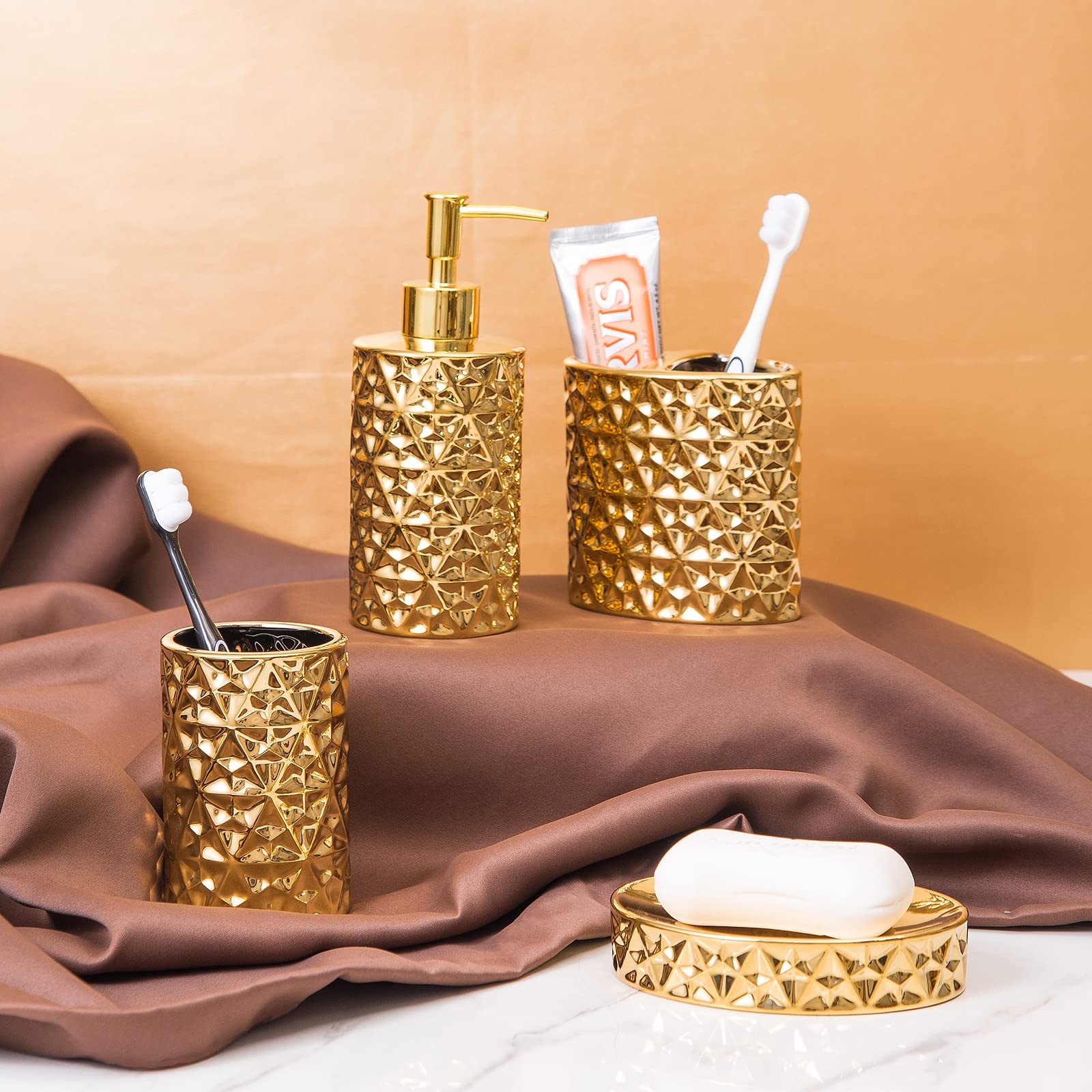 Rxlvcky Gold Bathroom Accessory Sets 4 Piece Ceramic Gift Set Apartment Necessities,Includes Soap Dispenser, Toothbrush Holder,
