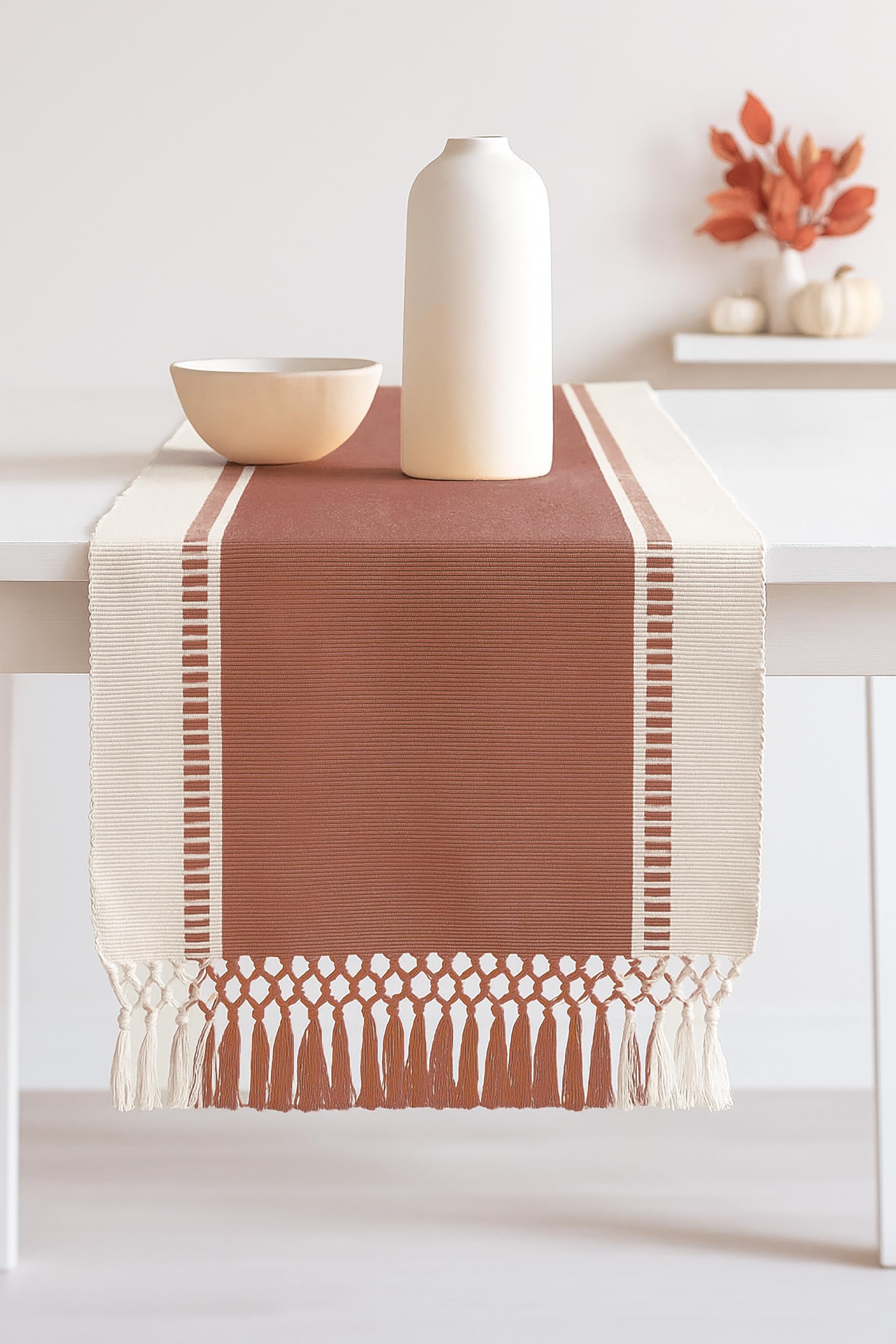 PurpleEssences Rust Table Runner - Wide with Dobby Stripe, Heavy Ribbed Weave & Double Knot Fringes, 14x90 Inch (14x95.5 with Fr