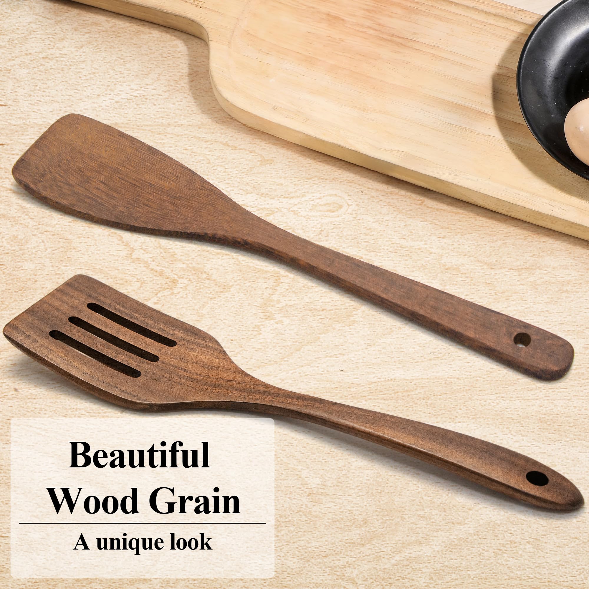 Wooden Spatula Nonstick Turner Acacia Wood, 12 Long Handle Flat Frying Spatulas Handmade for Kitchen Gifts, Ideal Cookware Utens