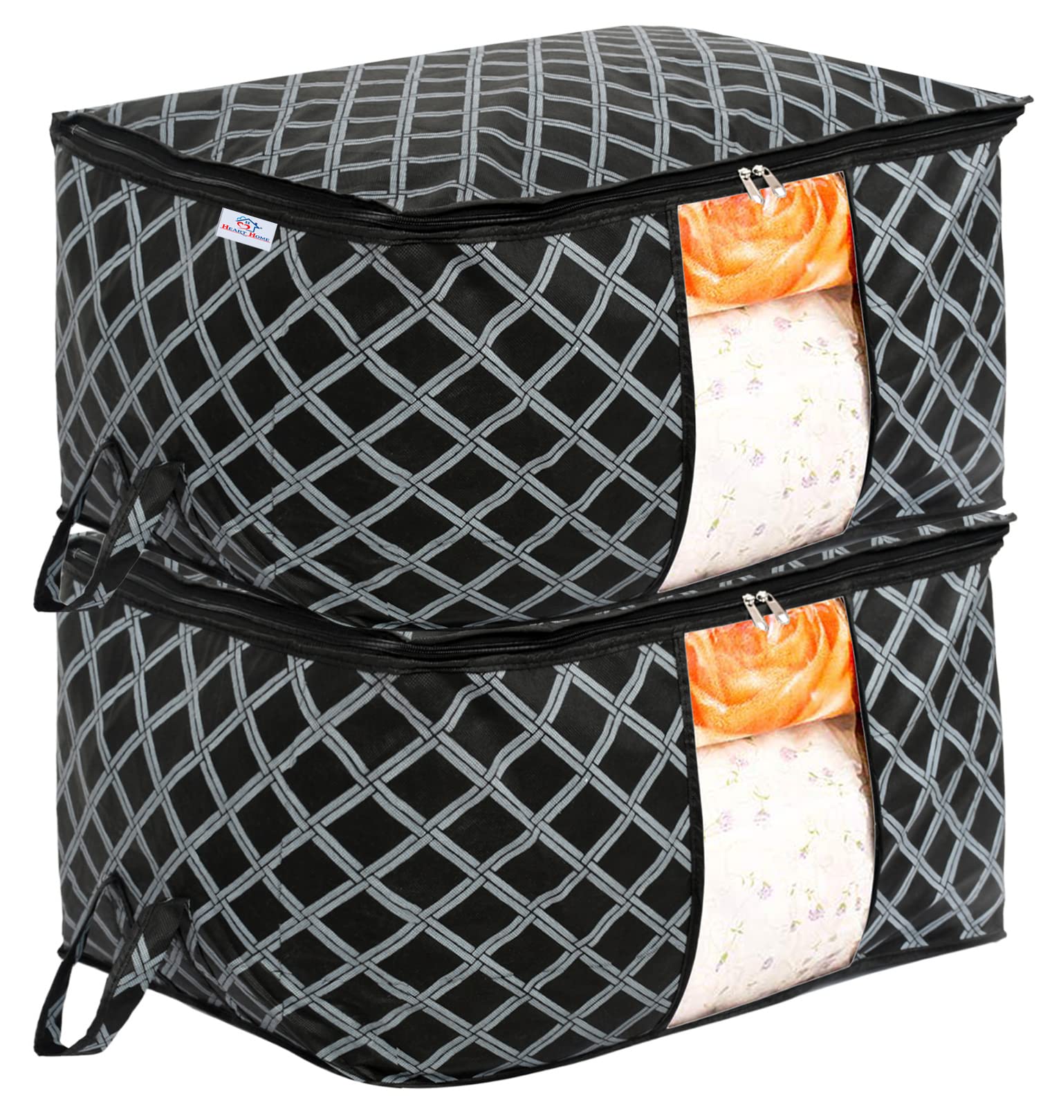 Heart Home NonWoven Check Print Jumbo Underbed Storage Bag|Clothes Organizer For Clothes, Quilts, Blankets With Handle Pack Of 