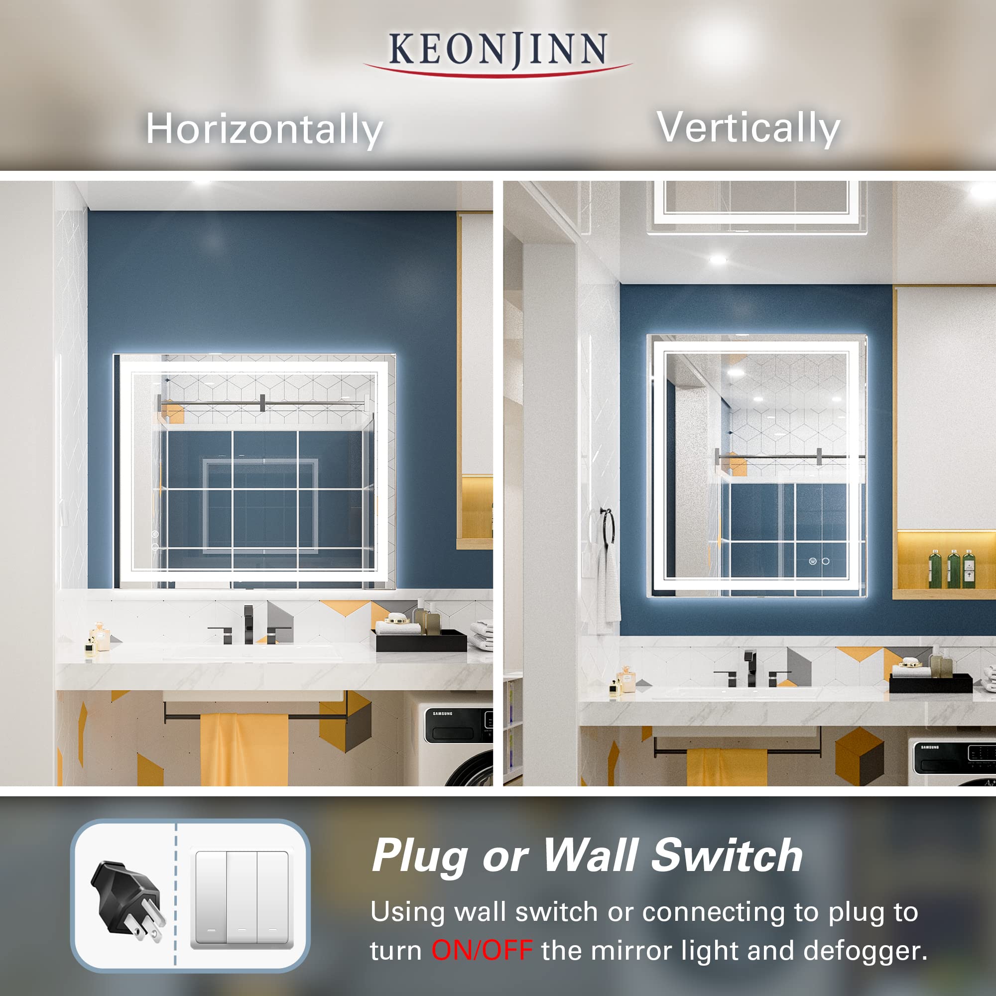 Keonjinn LED Bathroom Mirror  Lighted Bathroom Mirror with Lights  30 x 36 Inch LED Vanity Mirror  Wall Mounted Anti-Fog Dimmable Frameless Frontlit Makeup Mirror  IP54  6000K(Horizontal/Vertical)