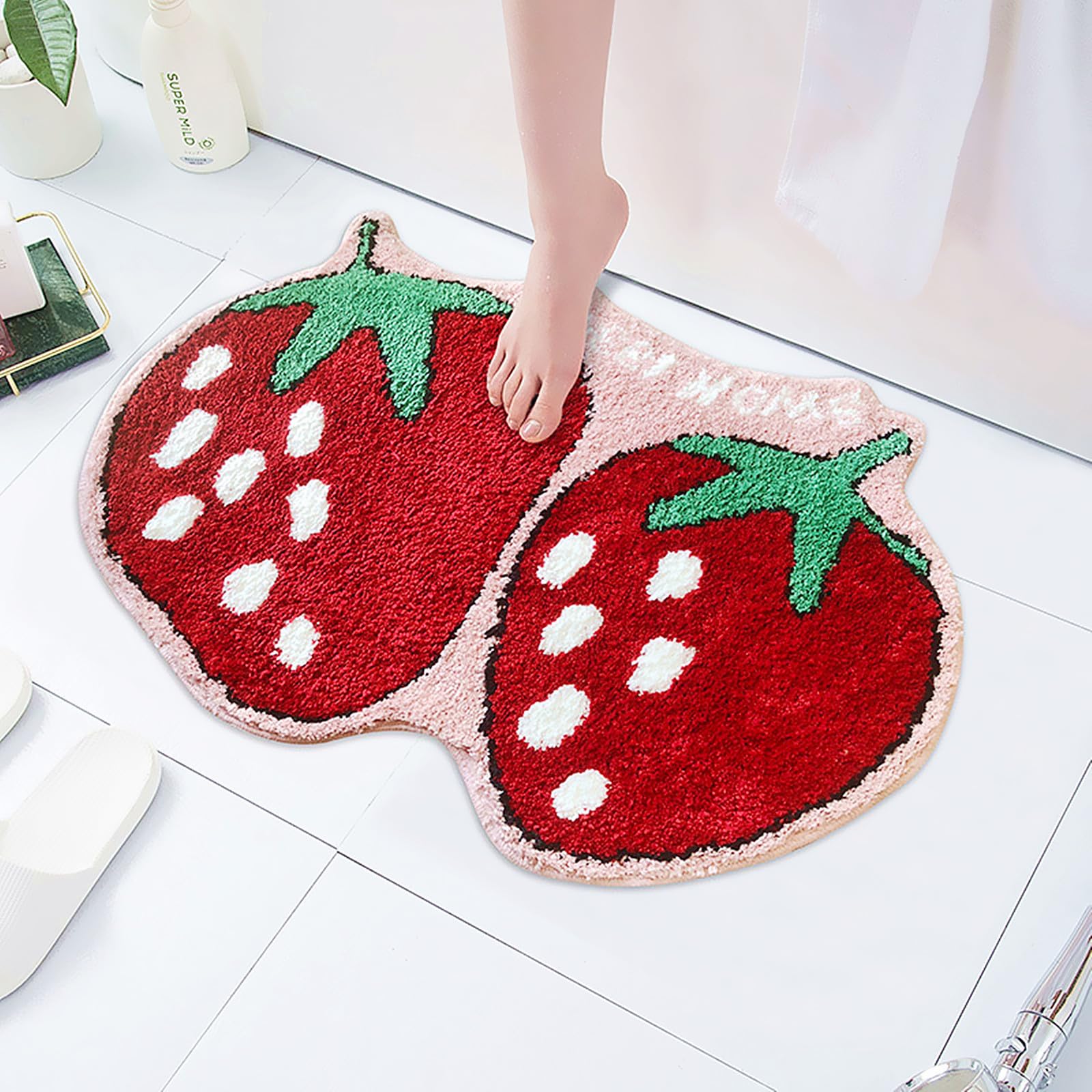 Ukeler Cute Strawberry Shape Bathroom Rug For Kids Non Slip Absorbent Bath Mat Washable Shaggy Kids Bedroom Decor Bathroom Door
