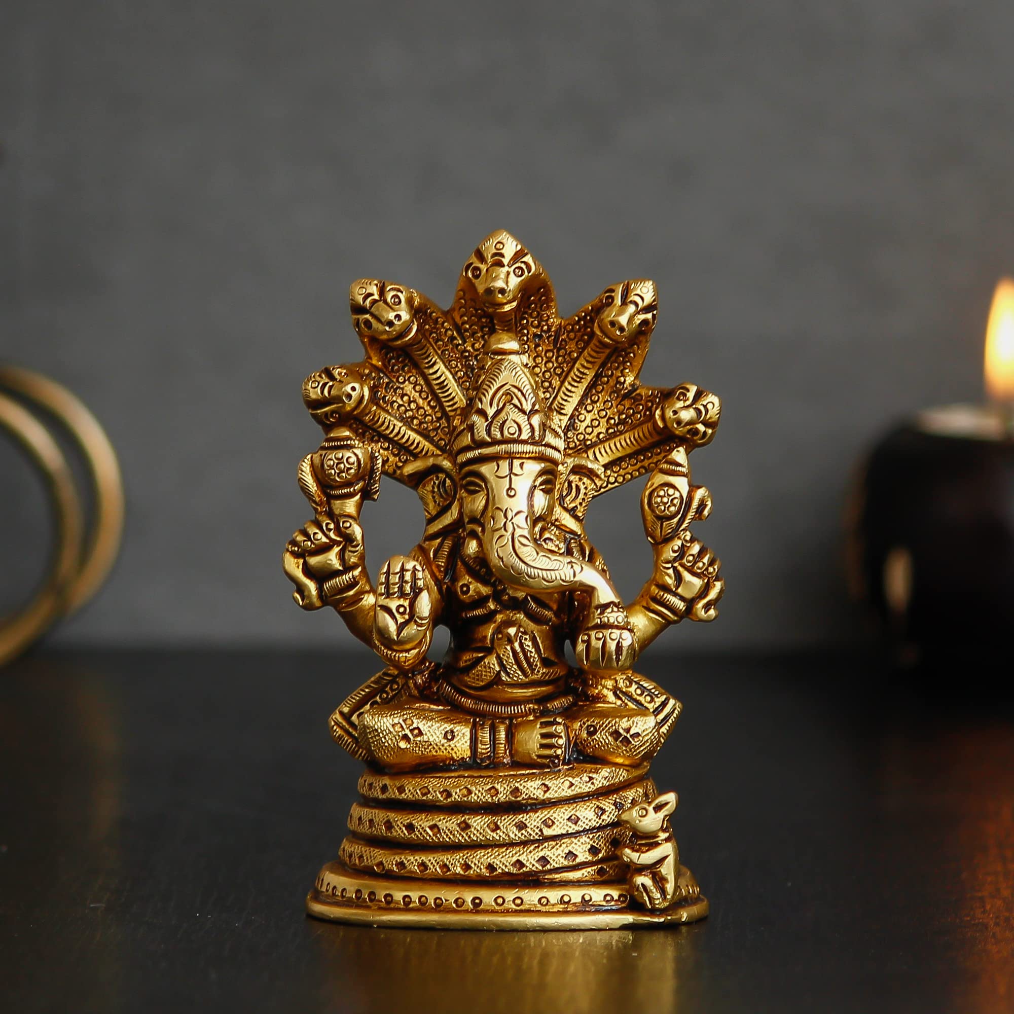 Ecraftindia Golden Brass Ganesha Idol With Naag Devta | Lord Ganesha Idol For Home Decor Office | Ganesha Statue | Ganesh Ganpat
