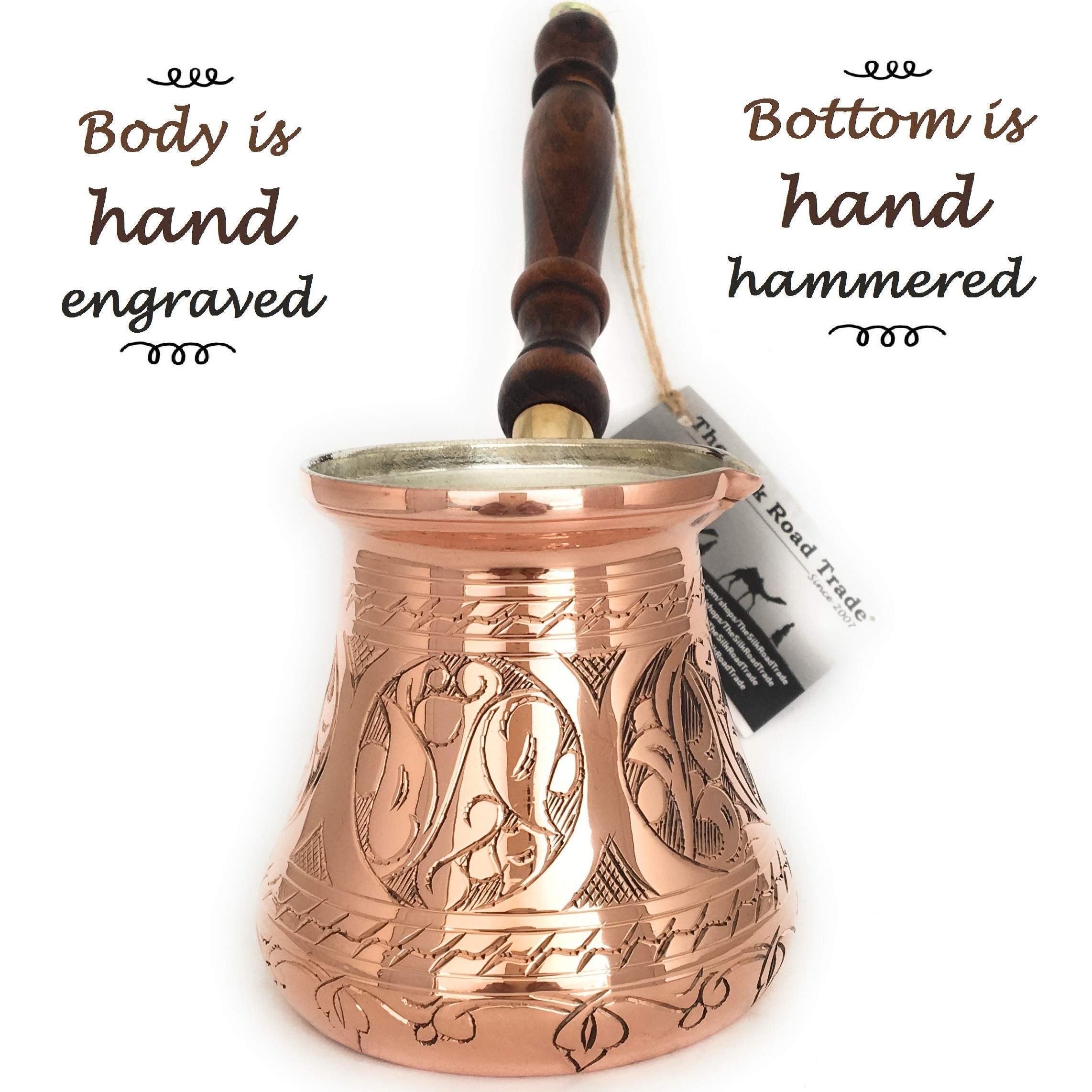 Pc Series (Large - 14 Fl Oz) - Thickest Solid Copper Engraved Turkish Greek Arabic Coffee Pot Wooden Handle Heavy Duty, Stovetop