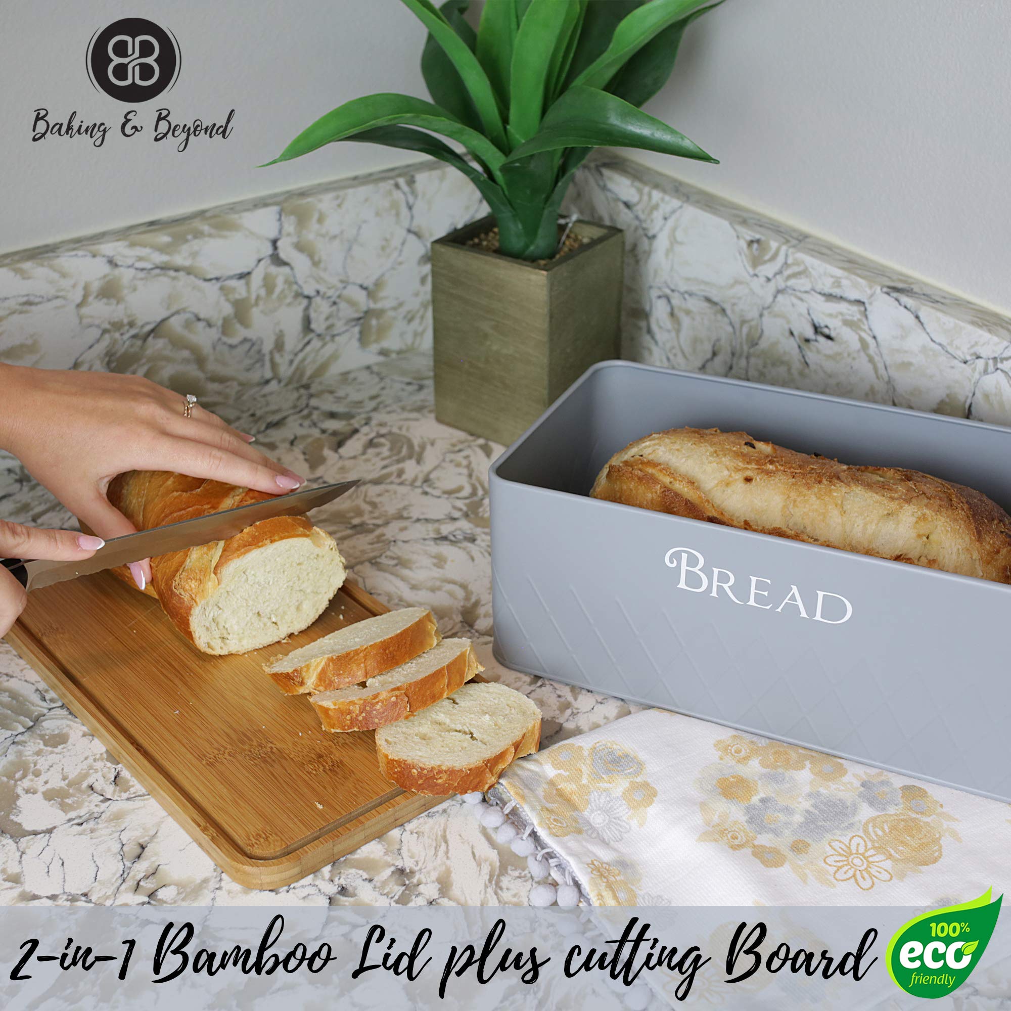Baking & Beyond Bread Box with Bamboo Cutting Board Lid 13''x7.5''x5'' Space-Saving Bread Box for Kitchen Countertop  Bread Storage Container Holder  Bread Keeper Bin - Fresh Loaves