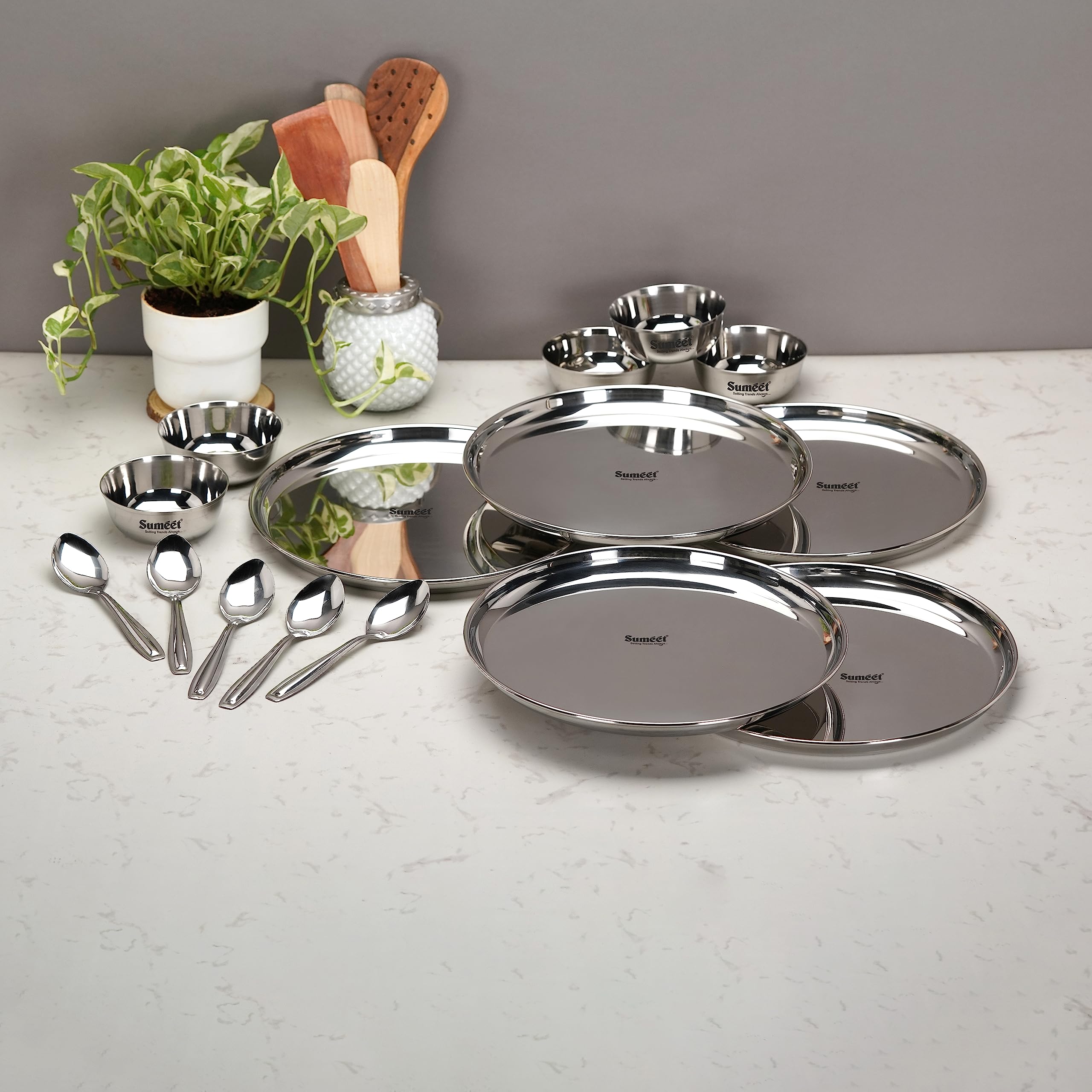 Sumeet Stainless Steel Heavy Gauge Mirror Finish Dinner Solid Set Of 15 Pcs (5 Plate  5 Bowl Wati  5 Spoon)  Silver